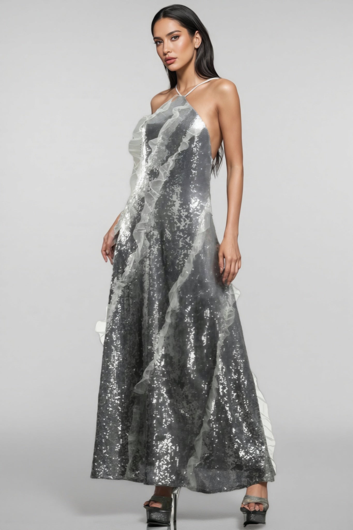 Sequin Halter Neck Organza Ruffle A-Line Maxi Dress