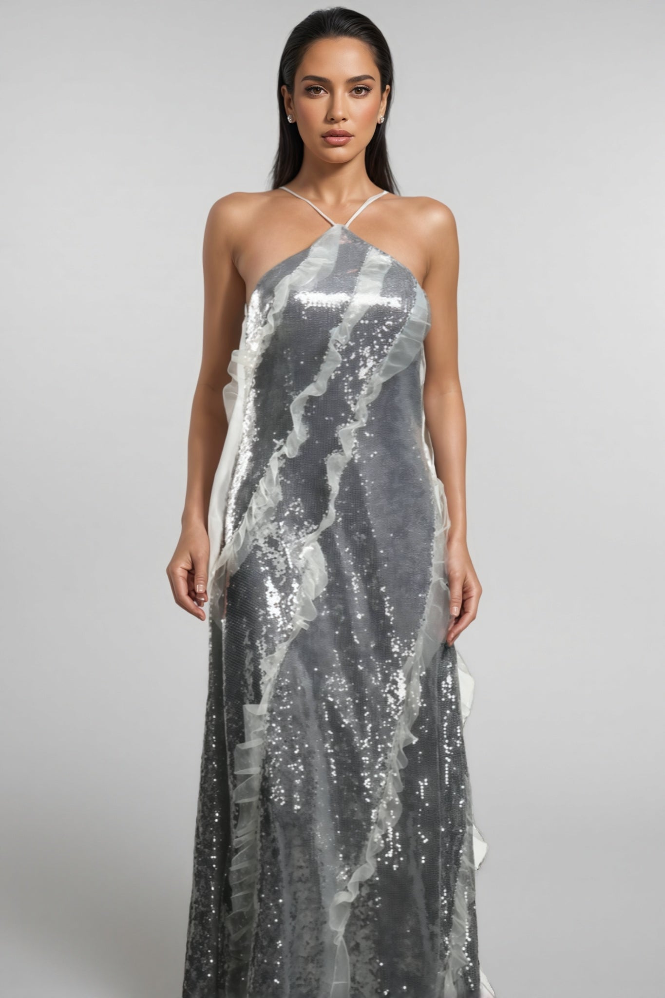 Sequin Halter Neck Organza Ruffle A-Line Maxi Dress