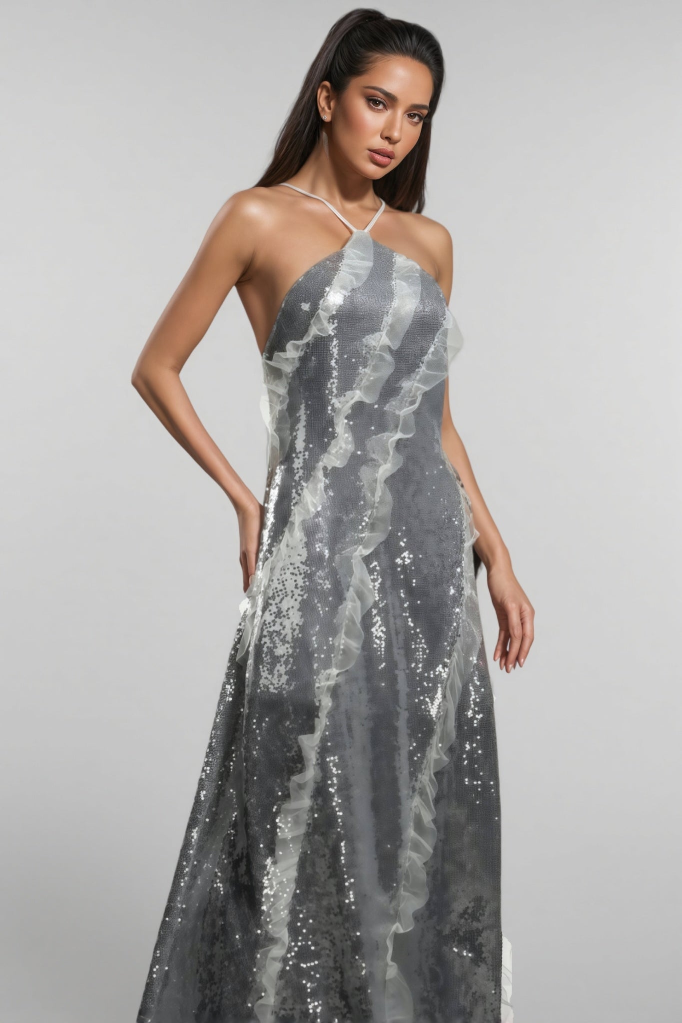 Sequin Halter Neck Organza Ruffle A-Line Maxi Dress