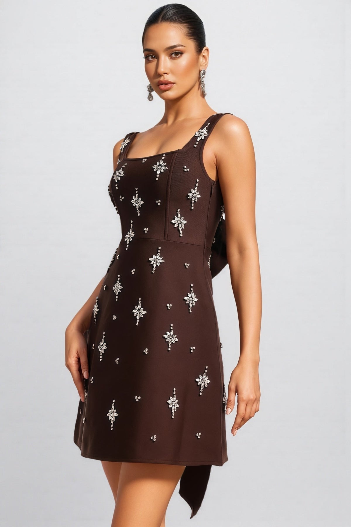 Square Neck Sleeveless Rhinestone Embellished Back Drape Mini Dress 4