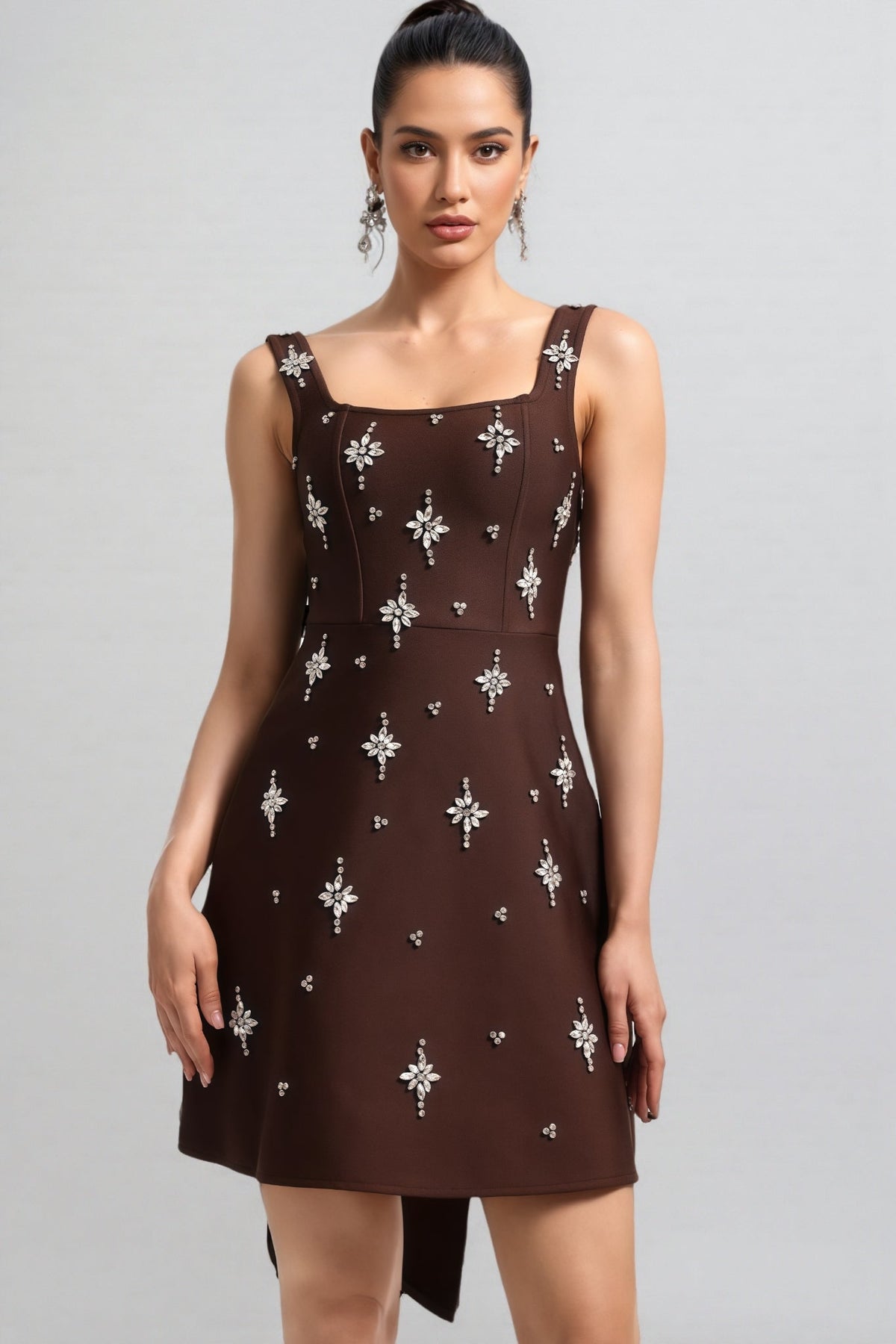Square Neck Sleeveless Rhinestone Embellished Back Drape Mini Dress 3