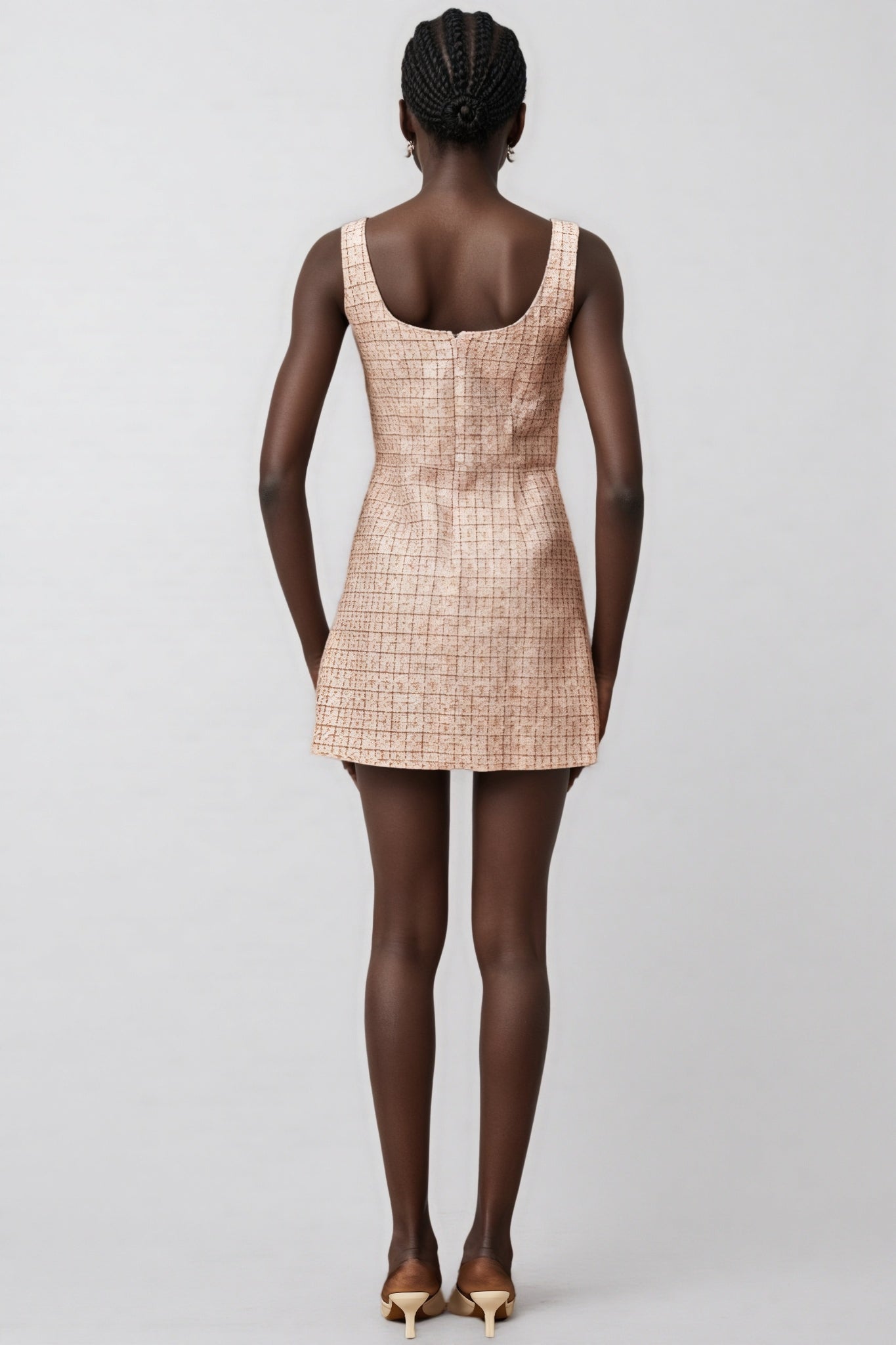 Tweed Grid Check Scoop Neck Sleeveless Wrap Front Mini Dress