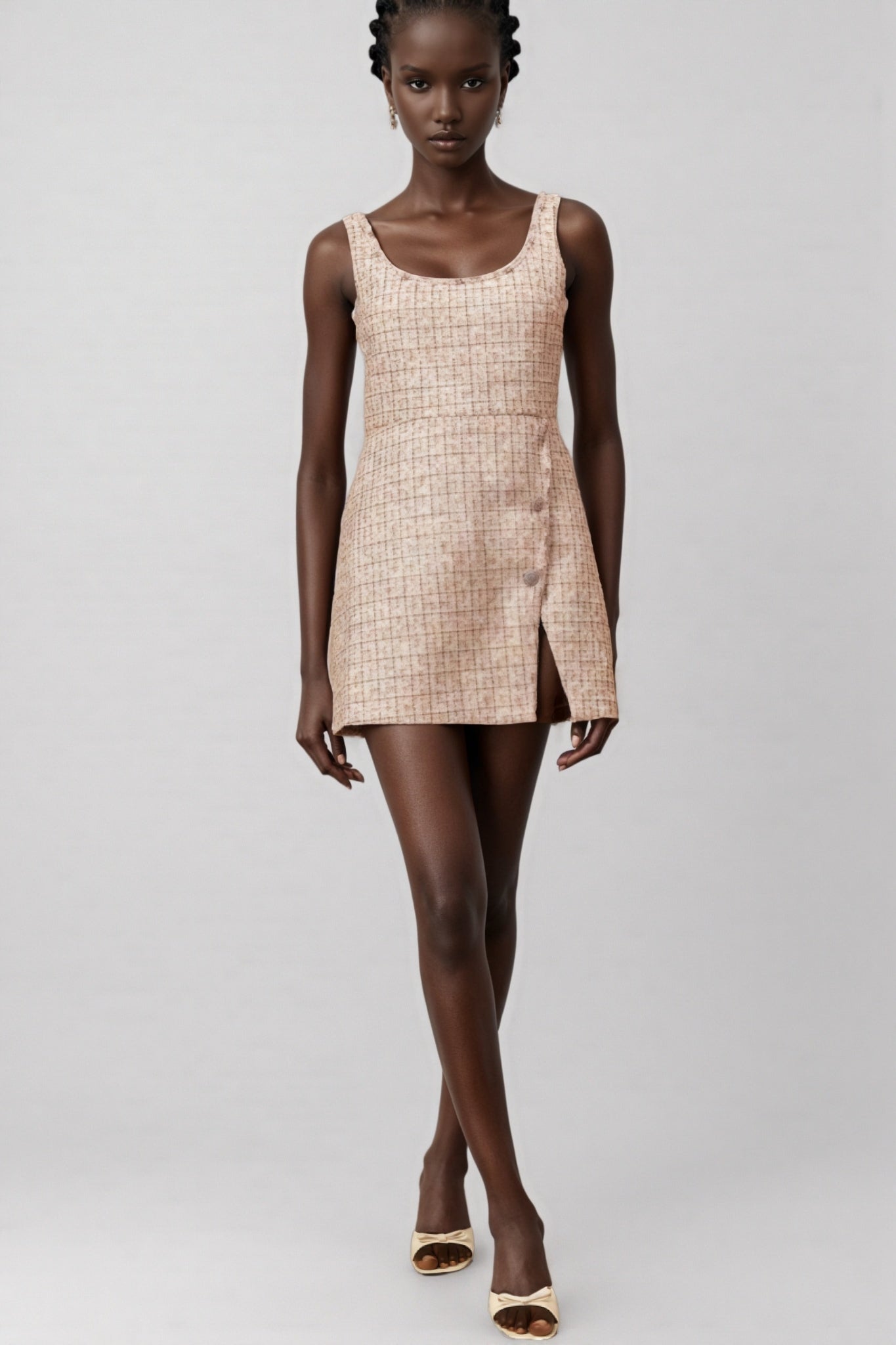 Tweed Grid Check Scoop Neck Sleeveless Wrap Front Mini Dress