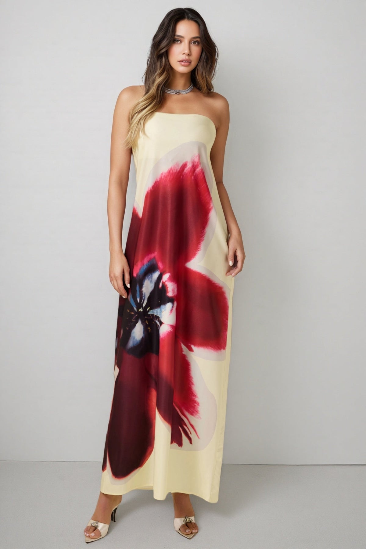 Strapless Oversized Floral Print Satin Column Maxi Dress