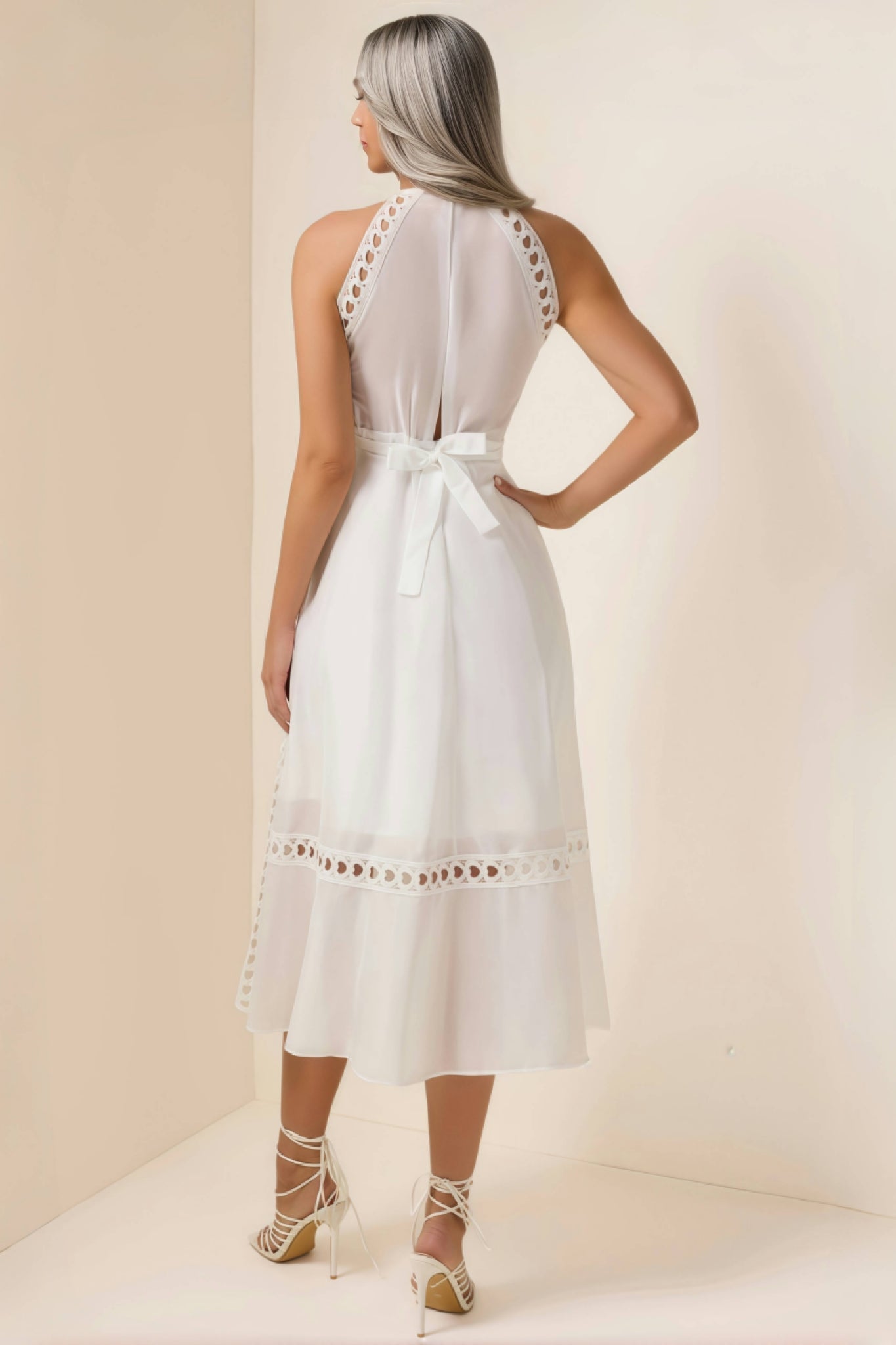 Heart Eyelet Halter Neck A-Line Midi Dress