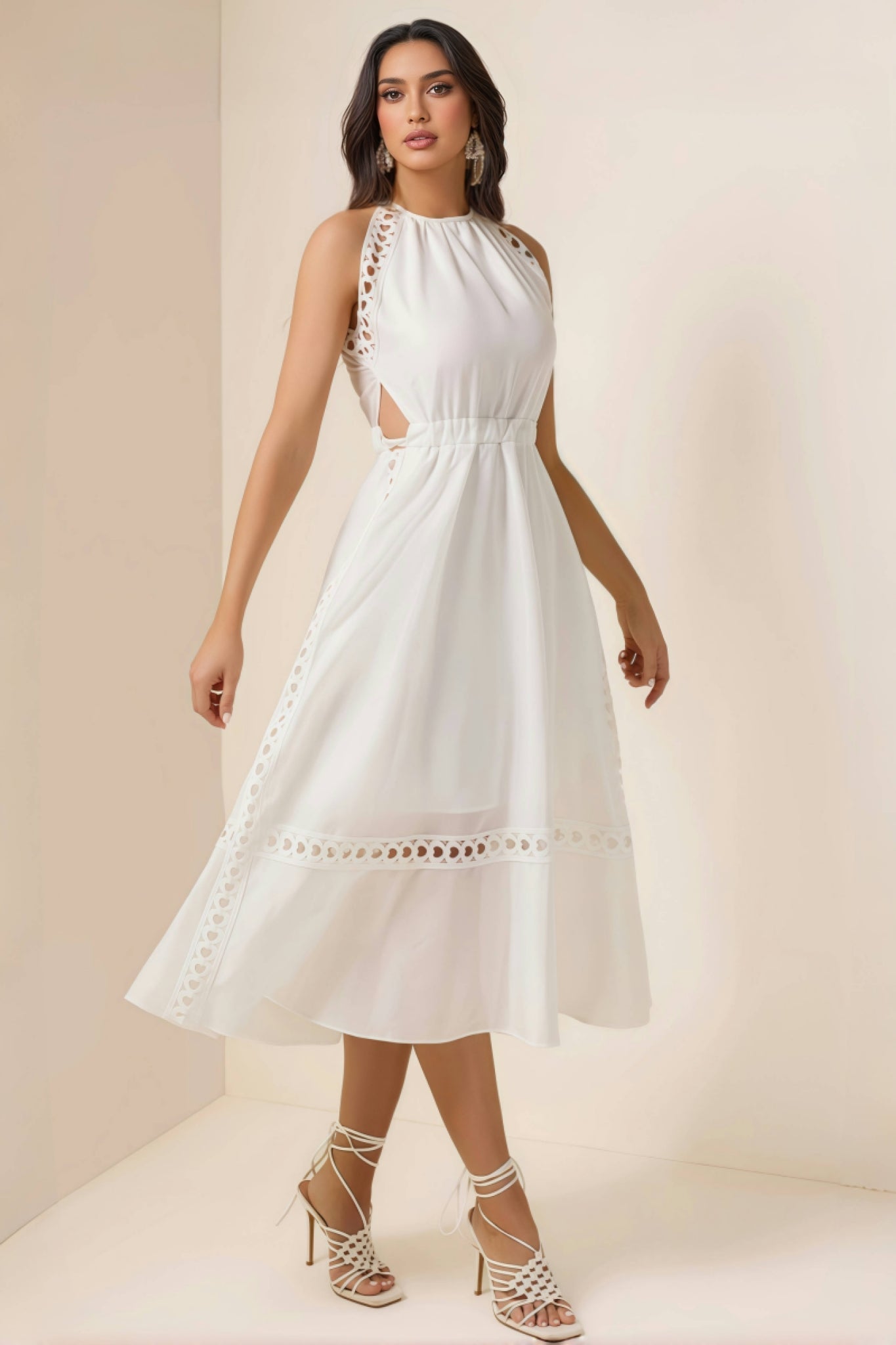 Heart Eyelet Halter Neck A-Line Midi Dress