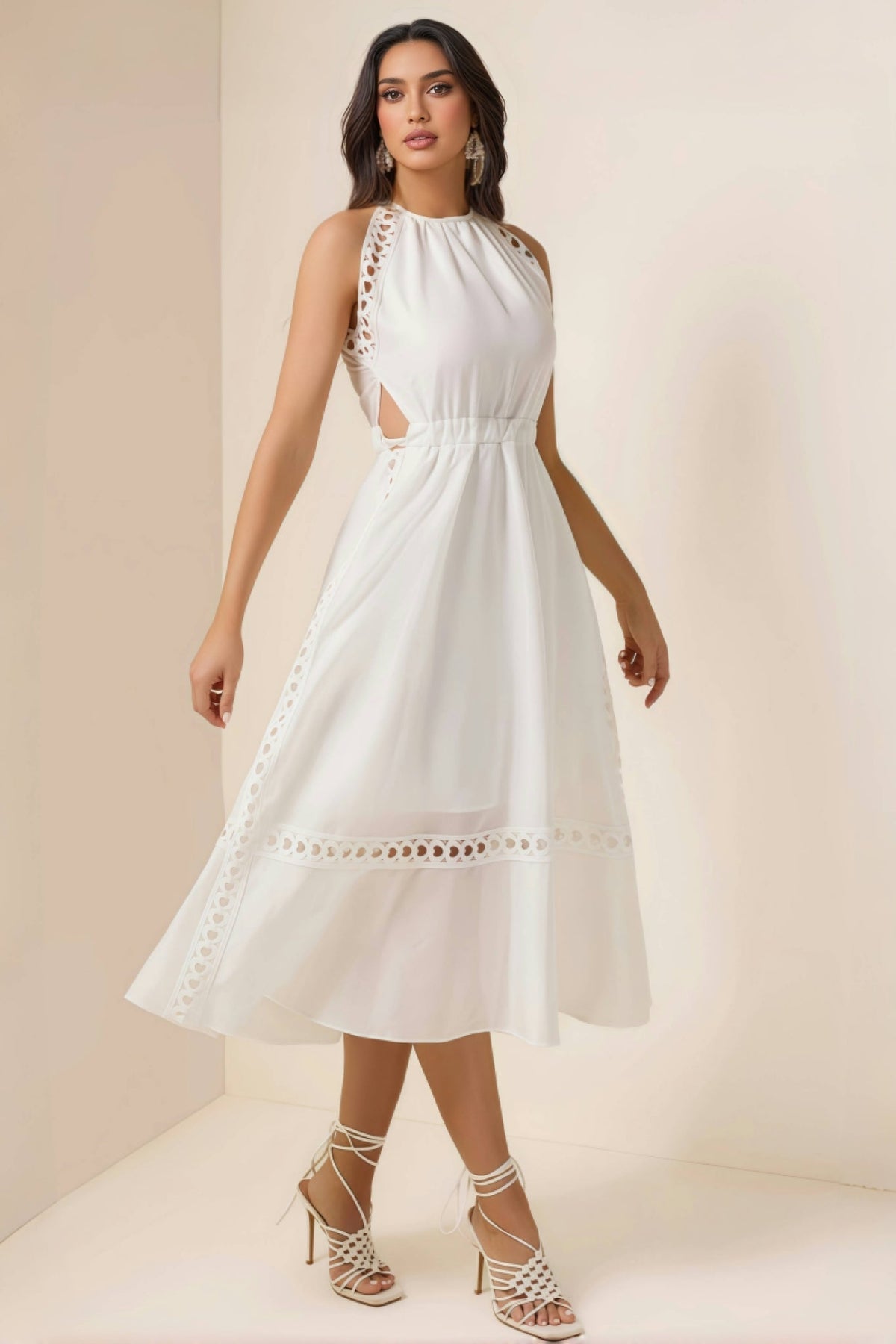 Heart Eyelet Halter Neck A-Line Midi Dress - View 2