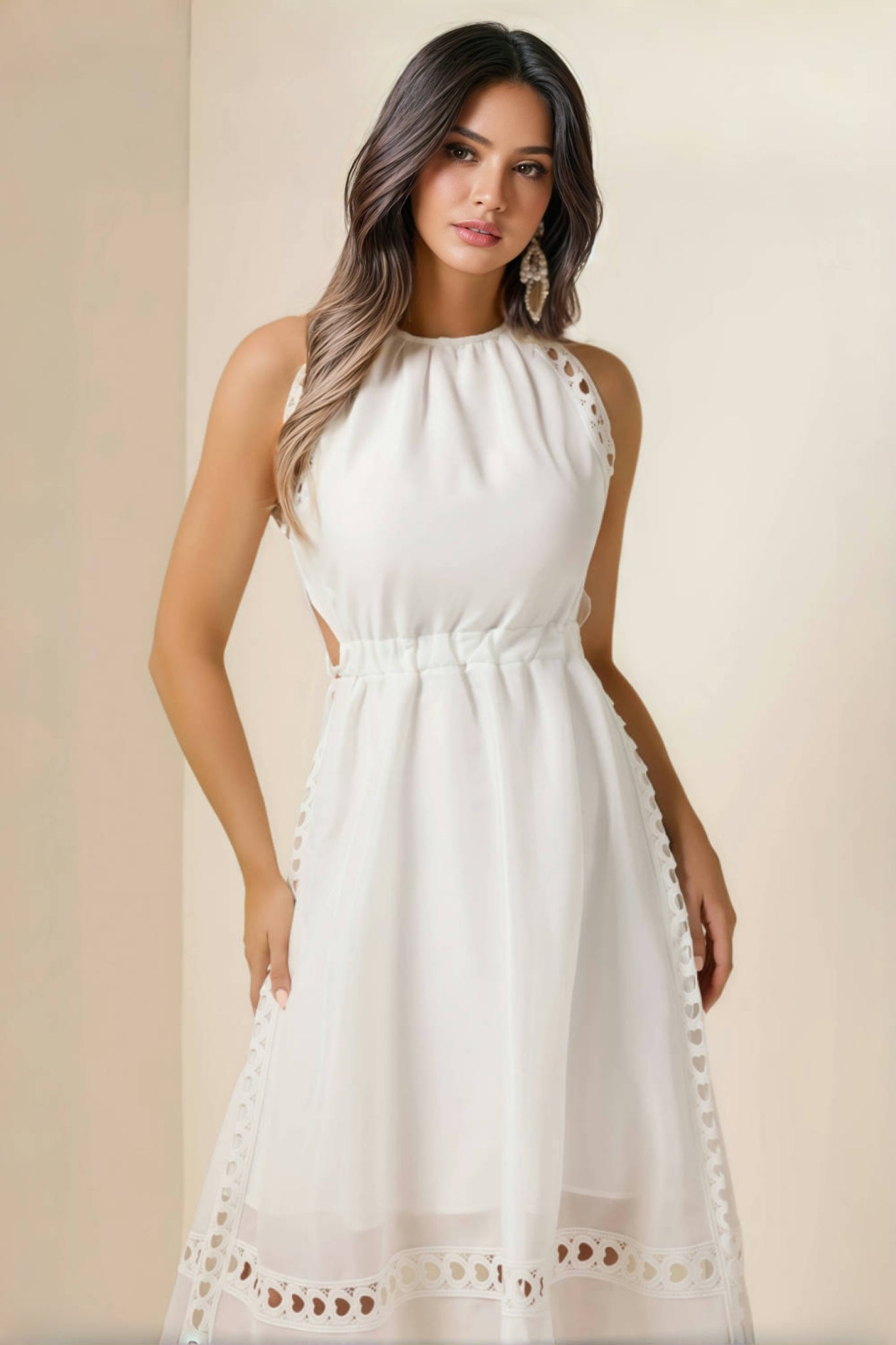 Heart Eyelet Halter Neck A-Line Midi Dress