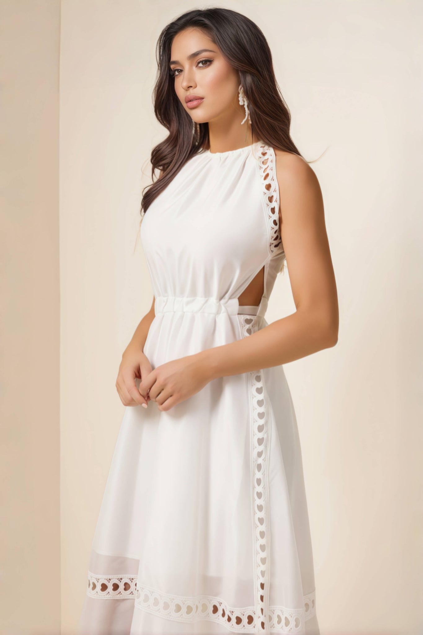 Heart Eyelet Halter Neck A-Line Midi Dress