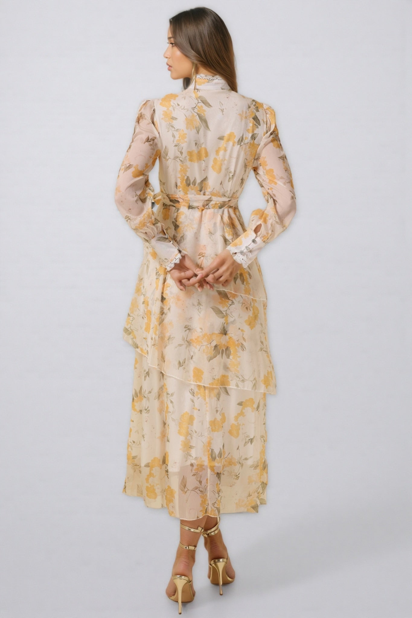 Leonasd Lace Splicing Chiffon Ruffle Midi Dress - View 5