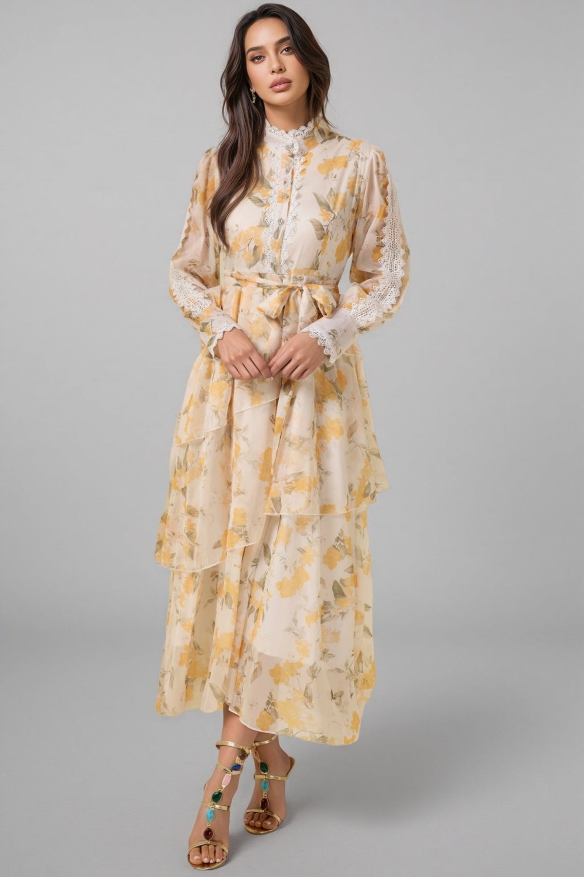 Floral Chiffon Lace Trim Long Sleeve Belted Tiered Midi Dress