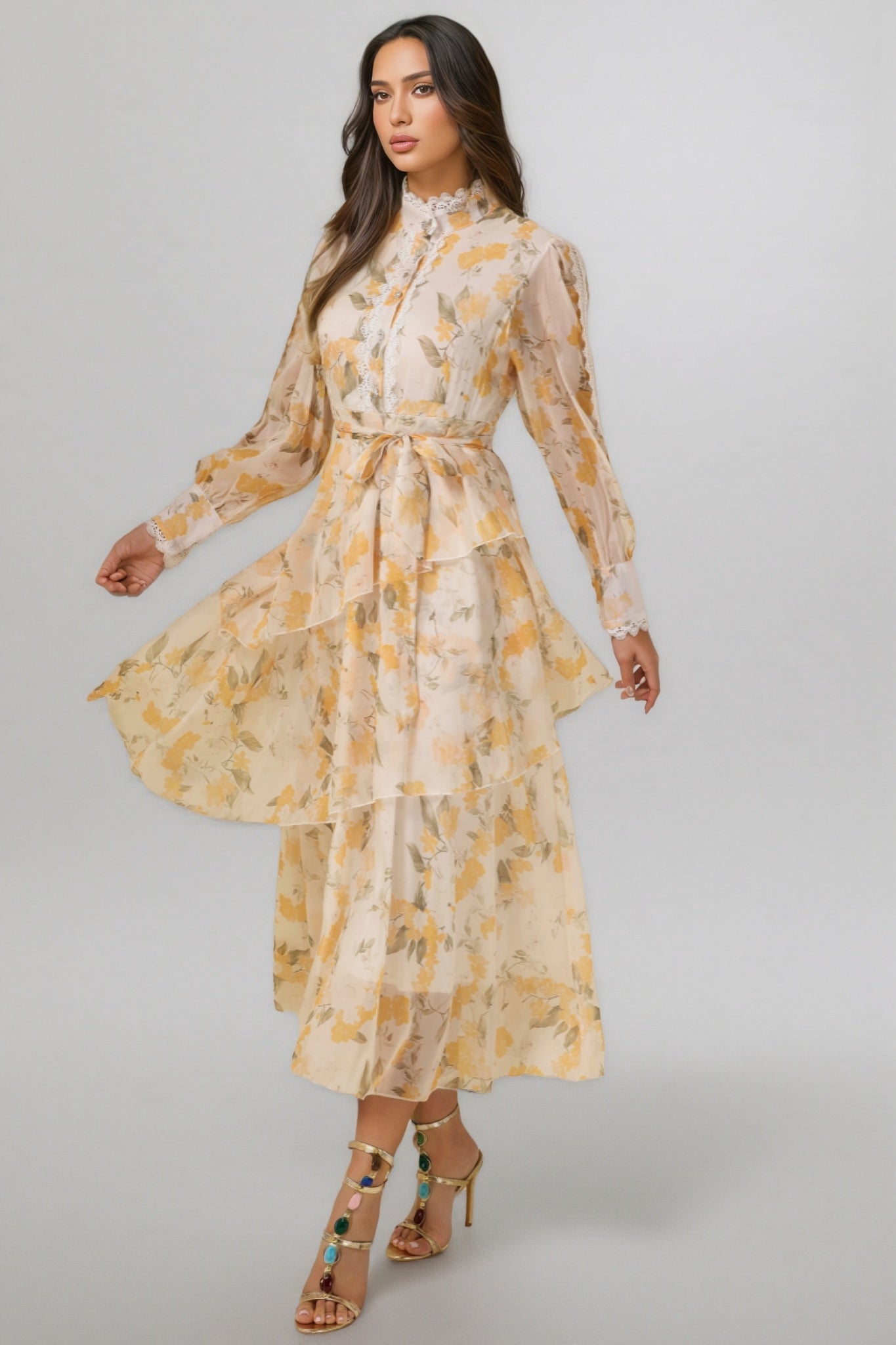 Leonasd Lace Splicing Chiffon Ruffle Midi Dress - View 2