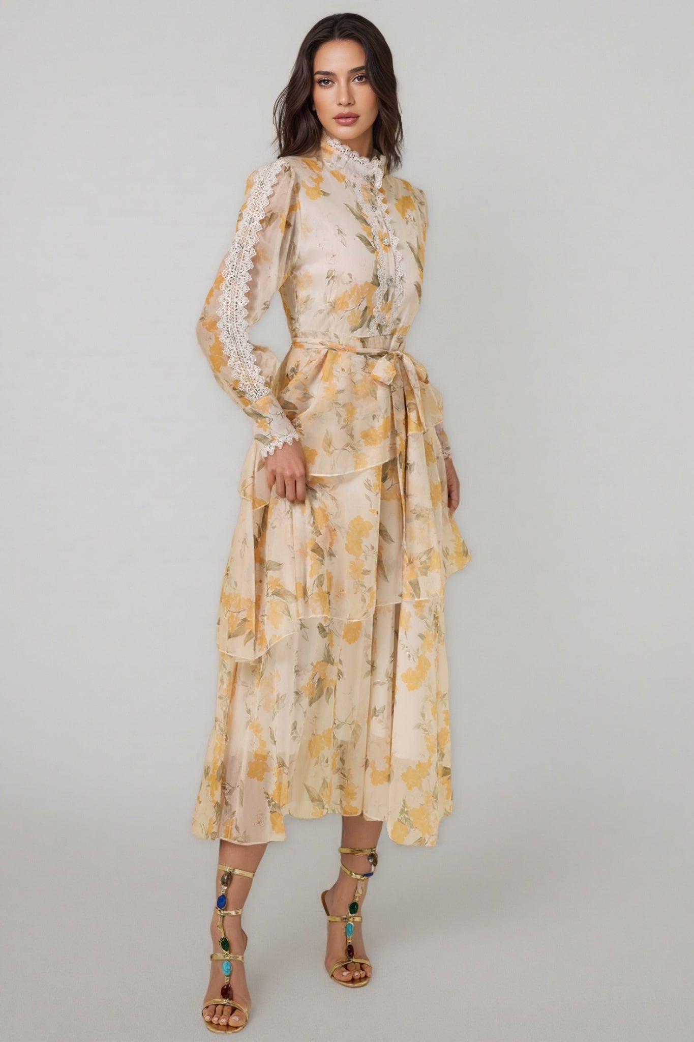 Leonasd Lace Splicing Chiffon Ruffle Midi Dress - View 4