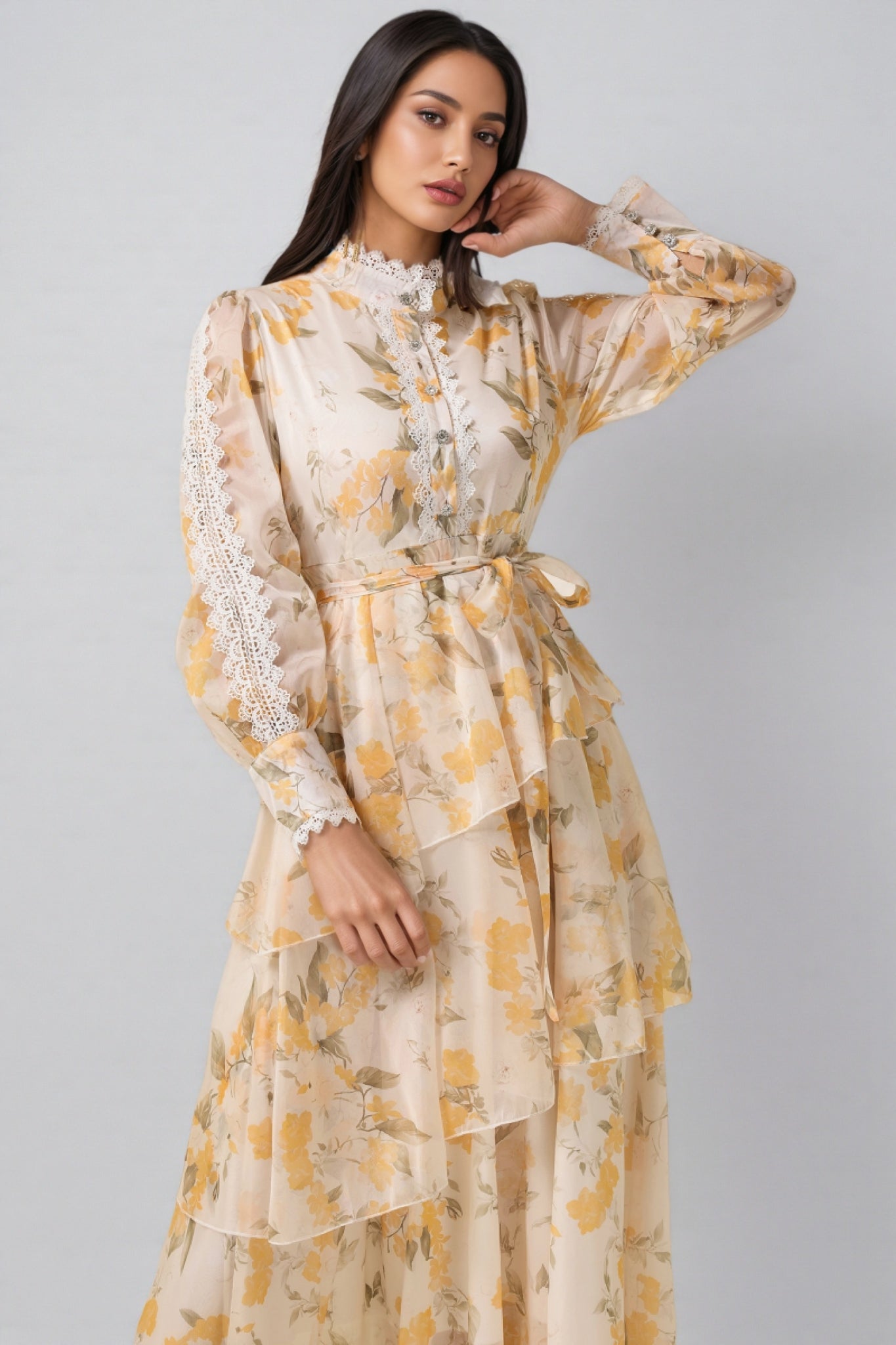 Leonasd Lace Splicing Chiffon Ruffle Midi Dress - View 3