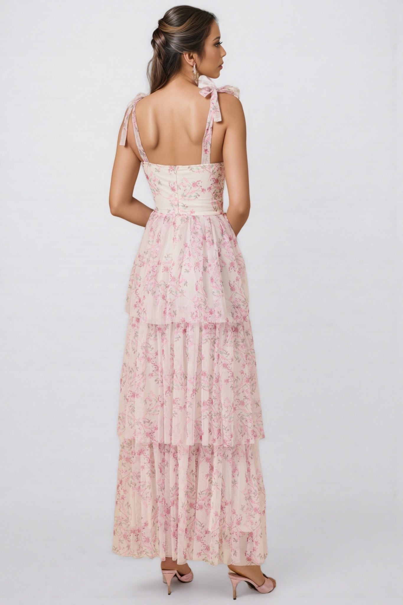 Lindand Floral Lace Up Ruffle Maxi Dress - View 5