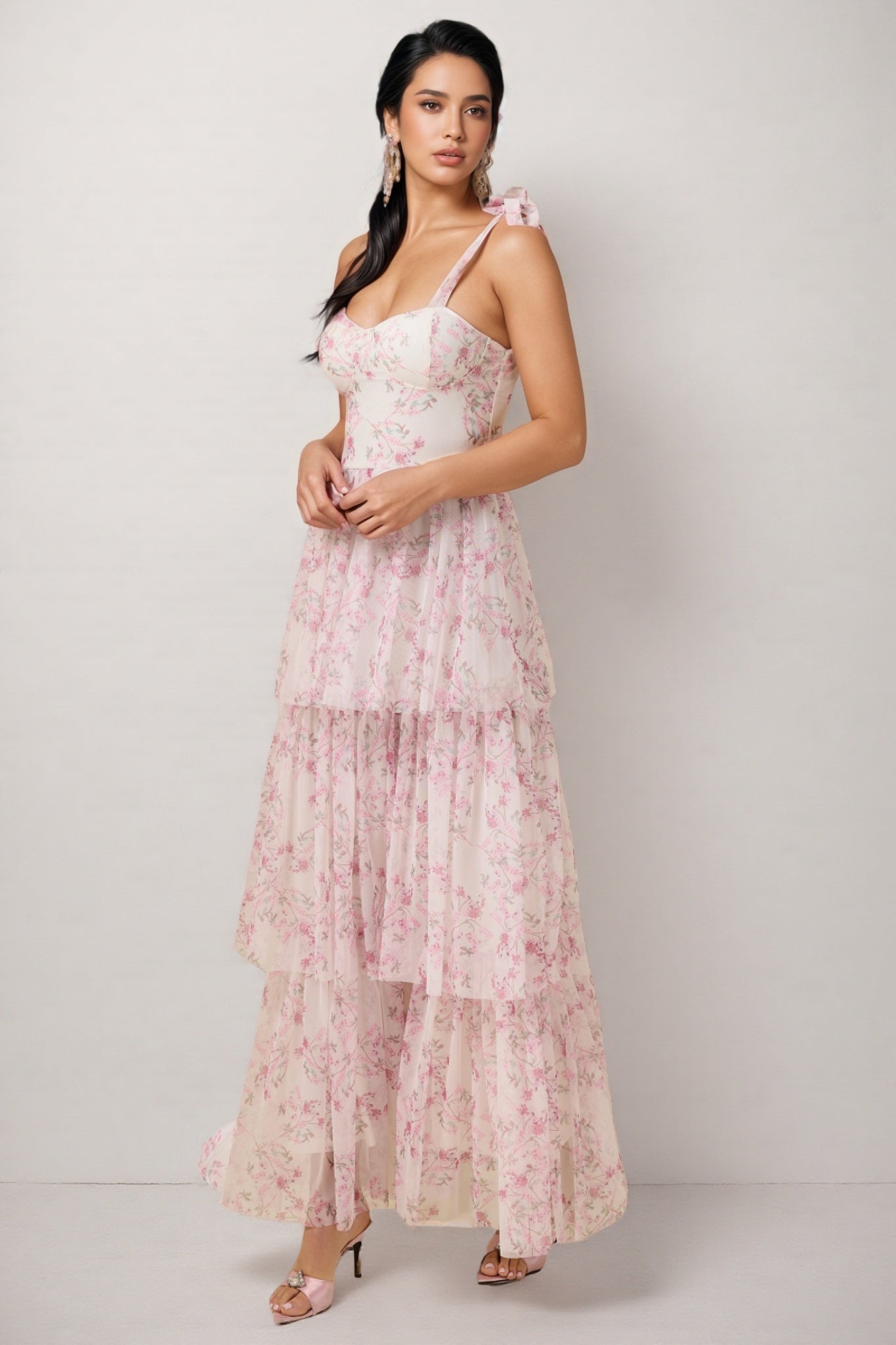 Lindand Floral Lace Up Ruffle Maxi Dress - View 2