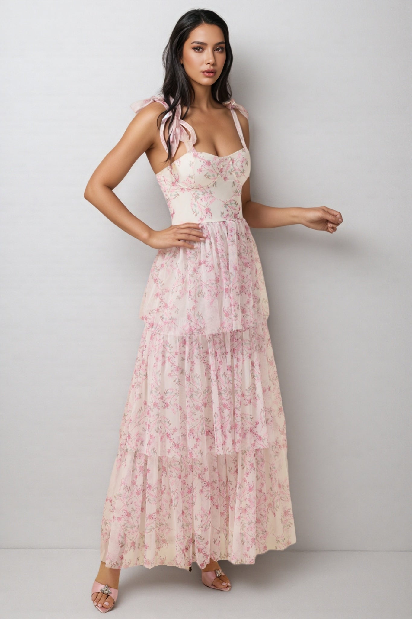 Lindand Floral Lace Up Ruffle Maxi Dress - View 3