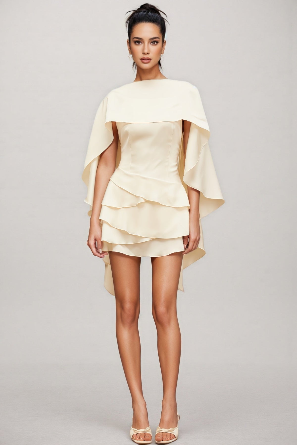 Satin Cape Sleeve Boat Neck Tiered Ruffle Mini Dress
