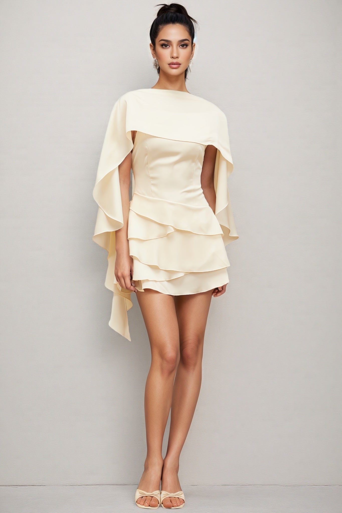 Lyssty White Shawl Panel Ruffled Satin Mini Dress - View 2