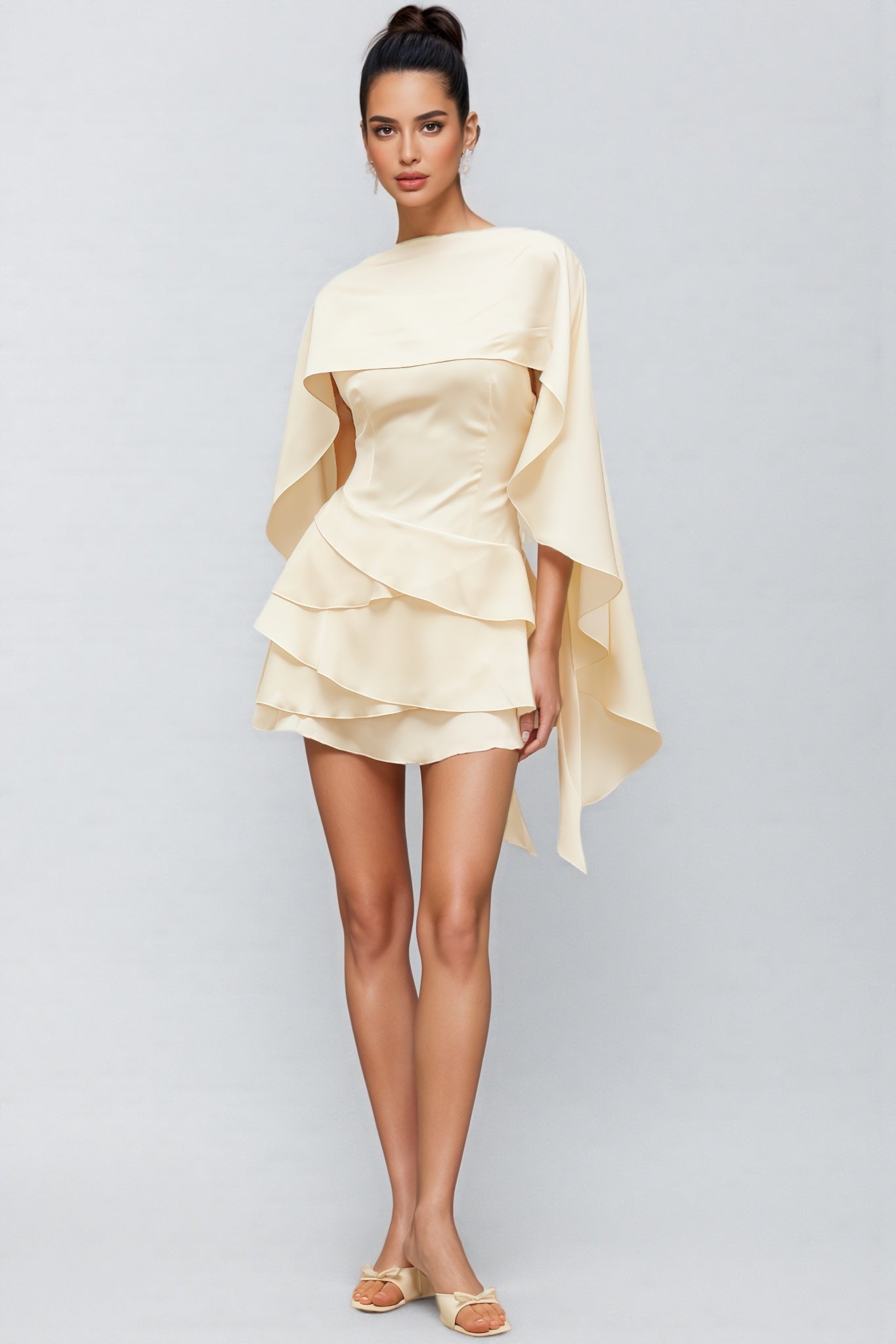 Lyssty White Shawl Panel Ruffled Satin Mini Dress - View 4