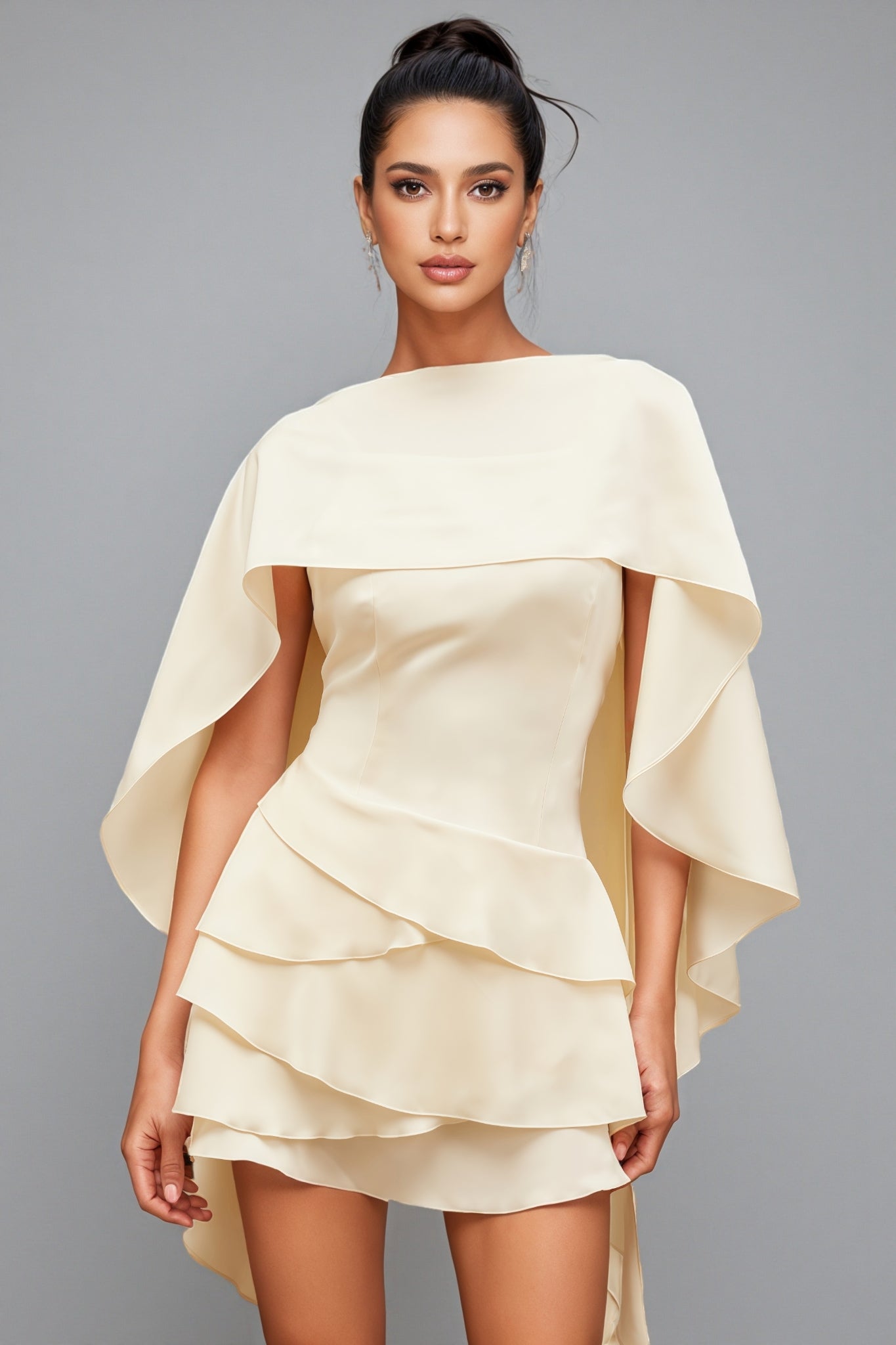 Lyssty White Shawl Panel Ruffled Satin Mini Dress - View 5