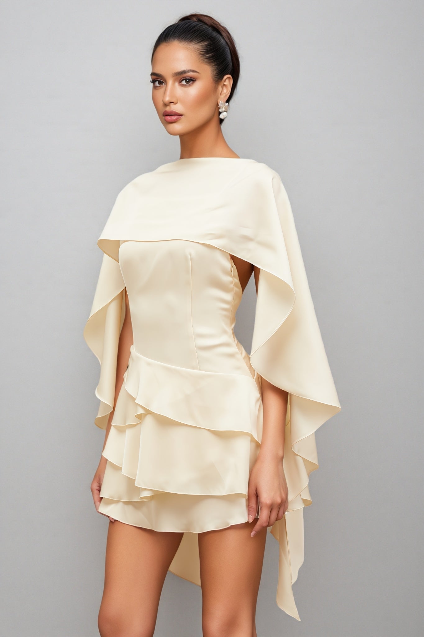 Lyssty White Shawl Panel Ruffled Satin Mini Dress - View 6