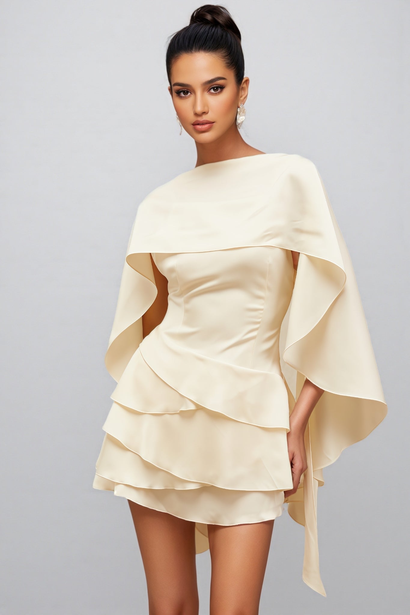 Lyssty White Shawl Panel Ruffled Satin Mini Dress - View 3