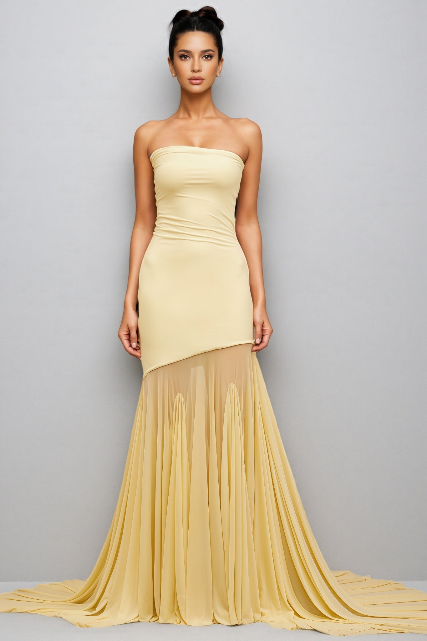 Elwyt Yellow Off Shoulder Sheer Tulle Maxi Dress - View 6