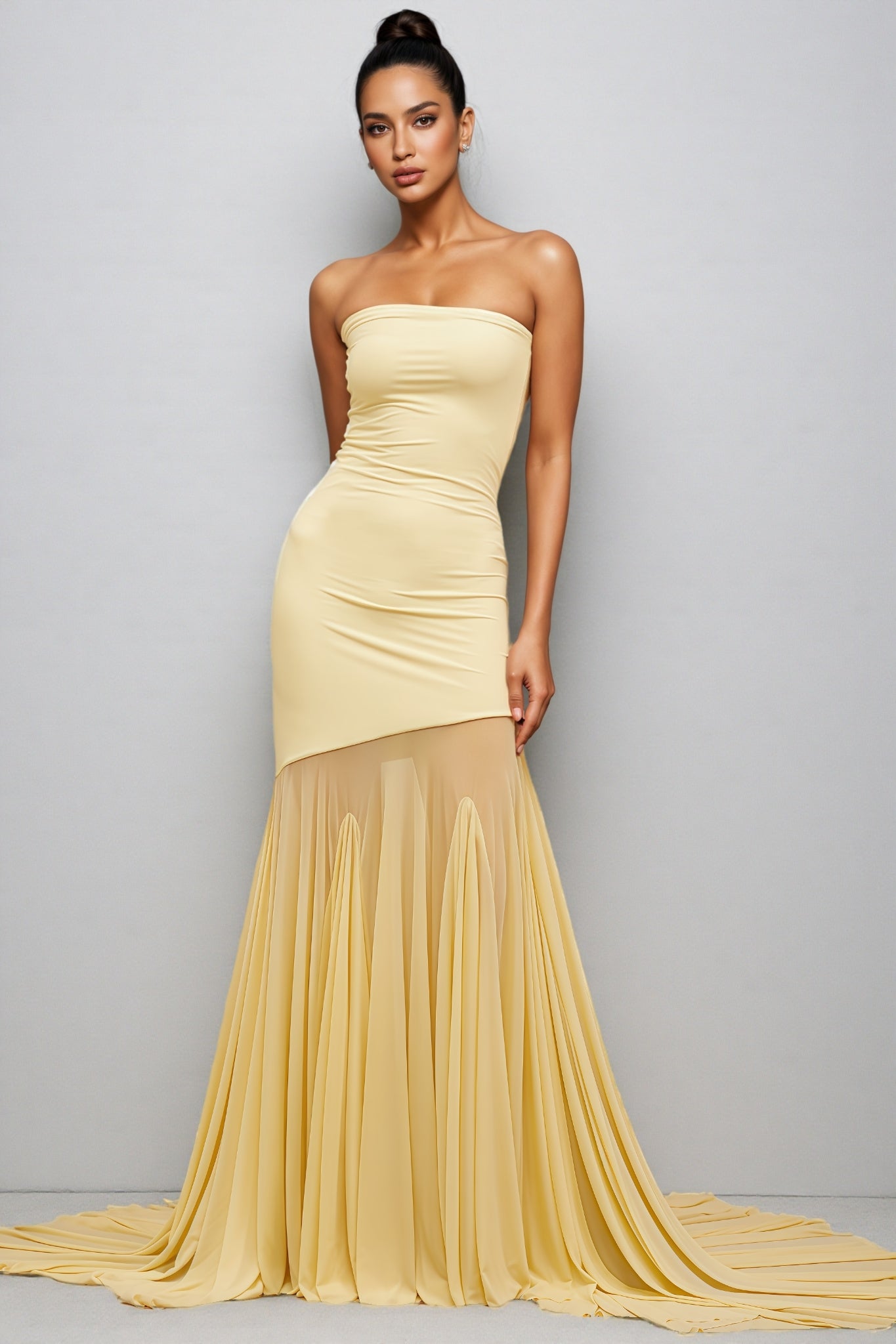 Elwyt Yellow Off Shoulder Sheer Tulle Maxi Dress - View 7