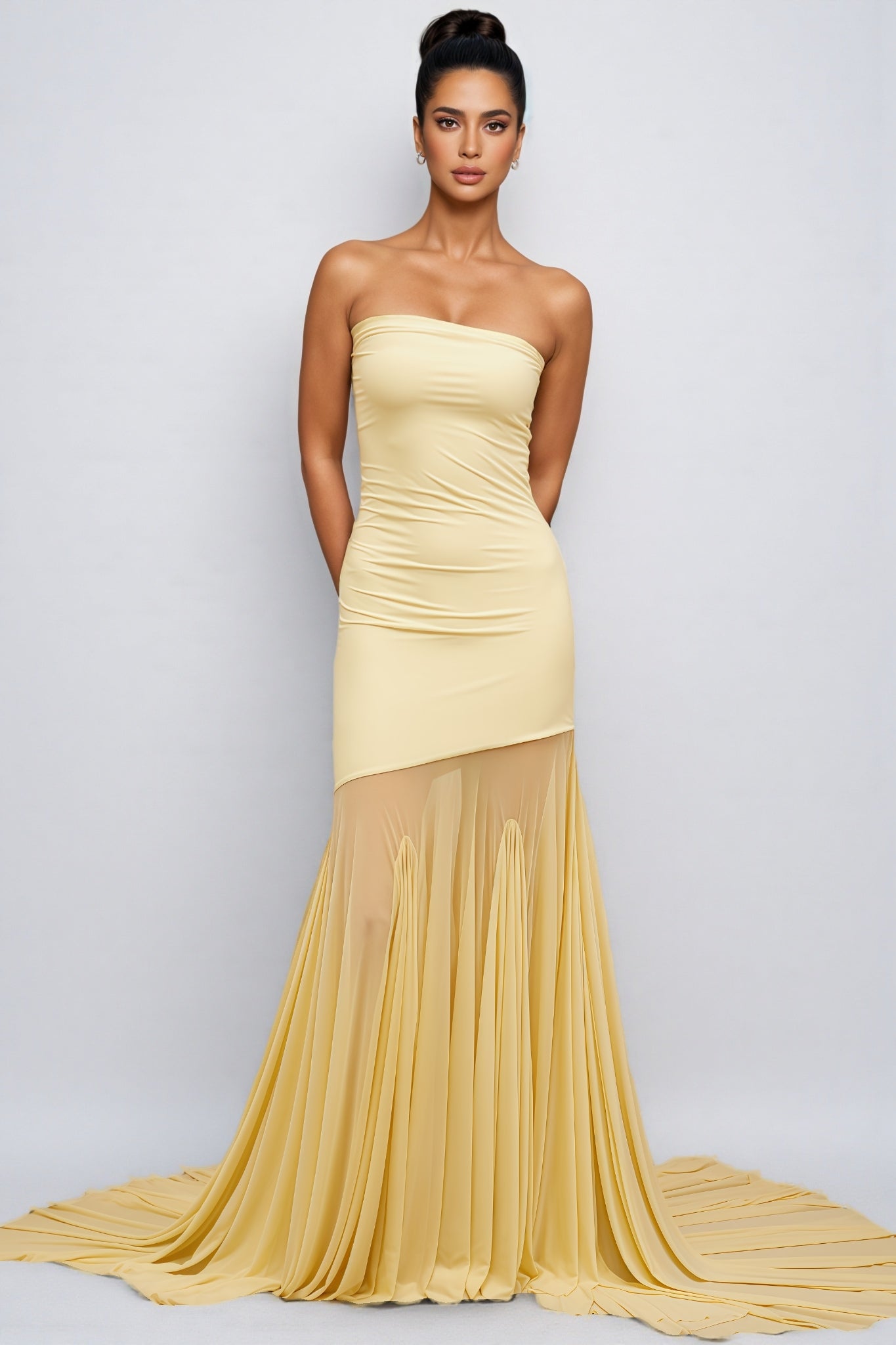 Elwyt Yellow Off Shoulder Sheer Tulle Maxi Dress - View 3