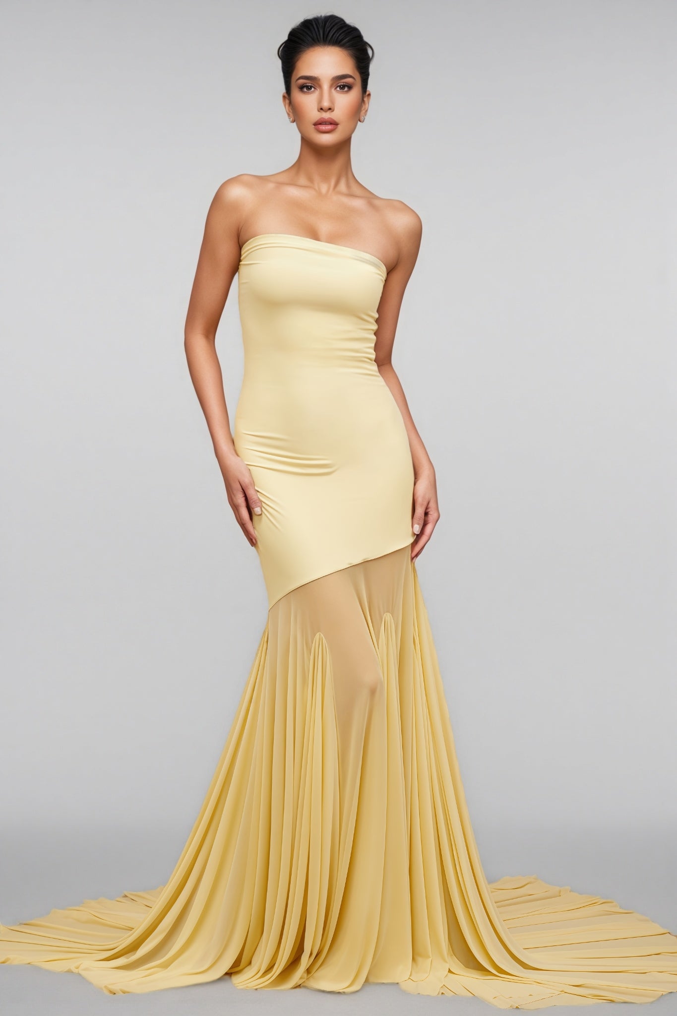 Elwyt Yellow Off Shoulder Sheer Tulle Maxi Dress - View 2