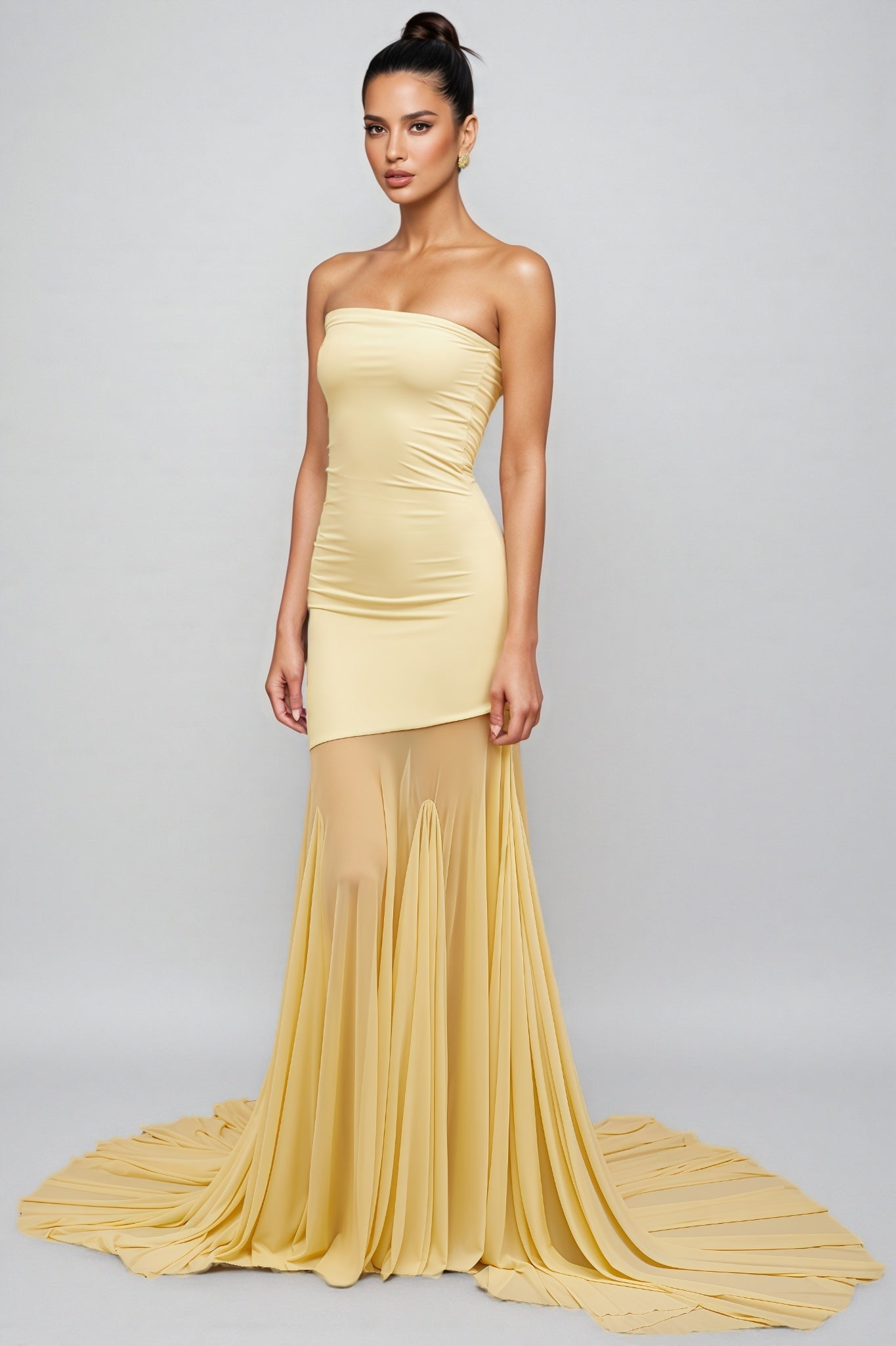 Elwyt Yellow Off Shoulder Sheer Tulle Maxi Dress - View 5