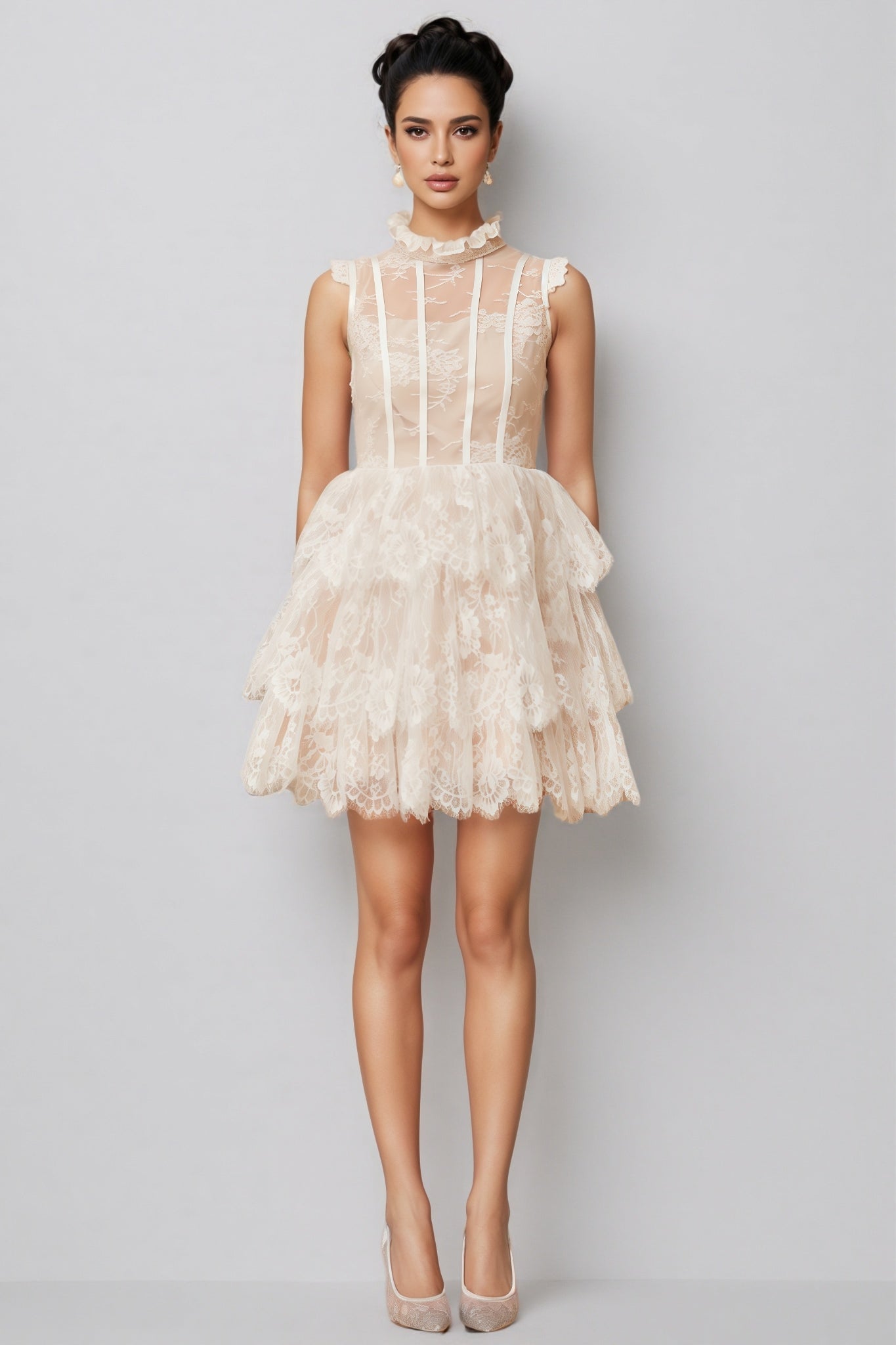 Lace High Neck Tiered Ruffle Mini Dress