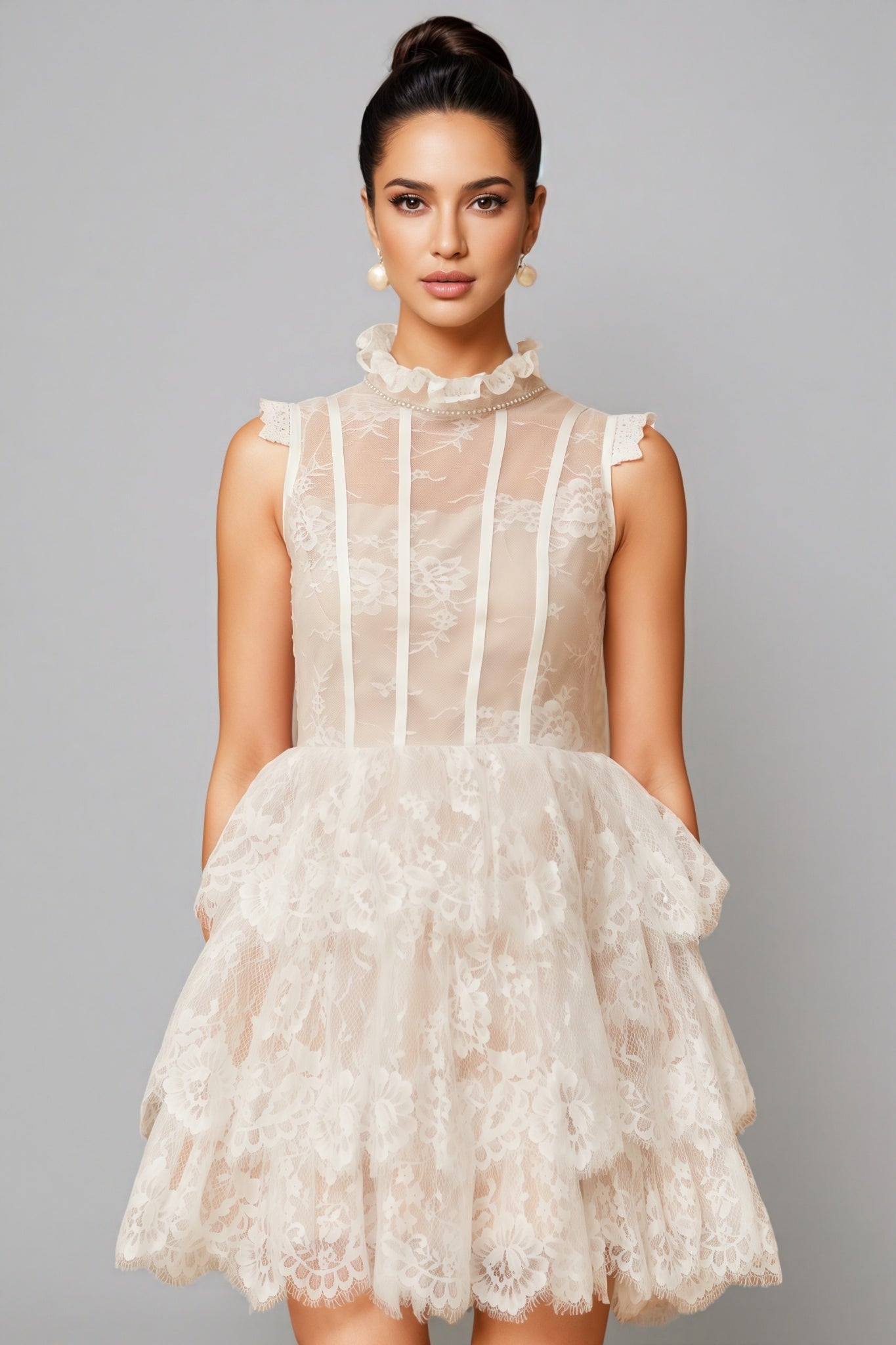 Lace High Neck Tiered Ruffle Mini Dress