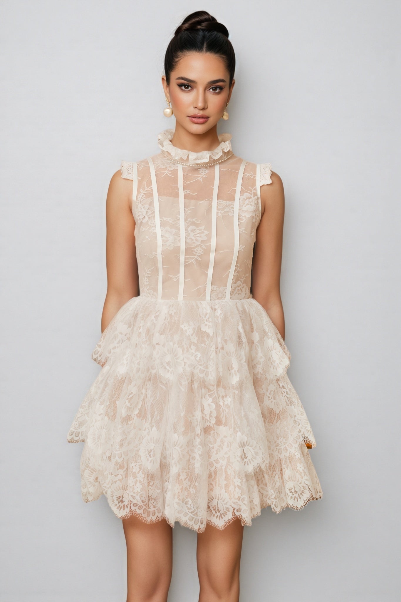 Lace High Neck Tiered Ruffle Mini Dress