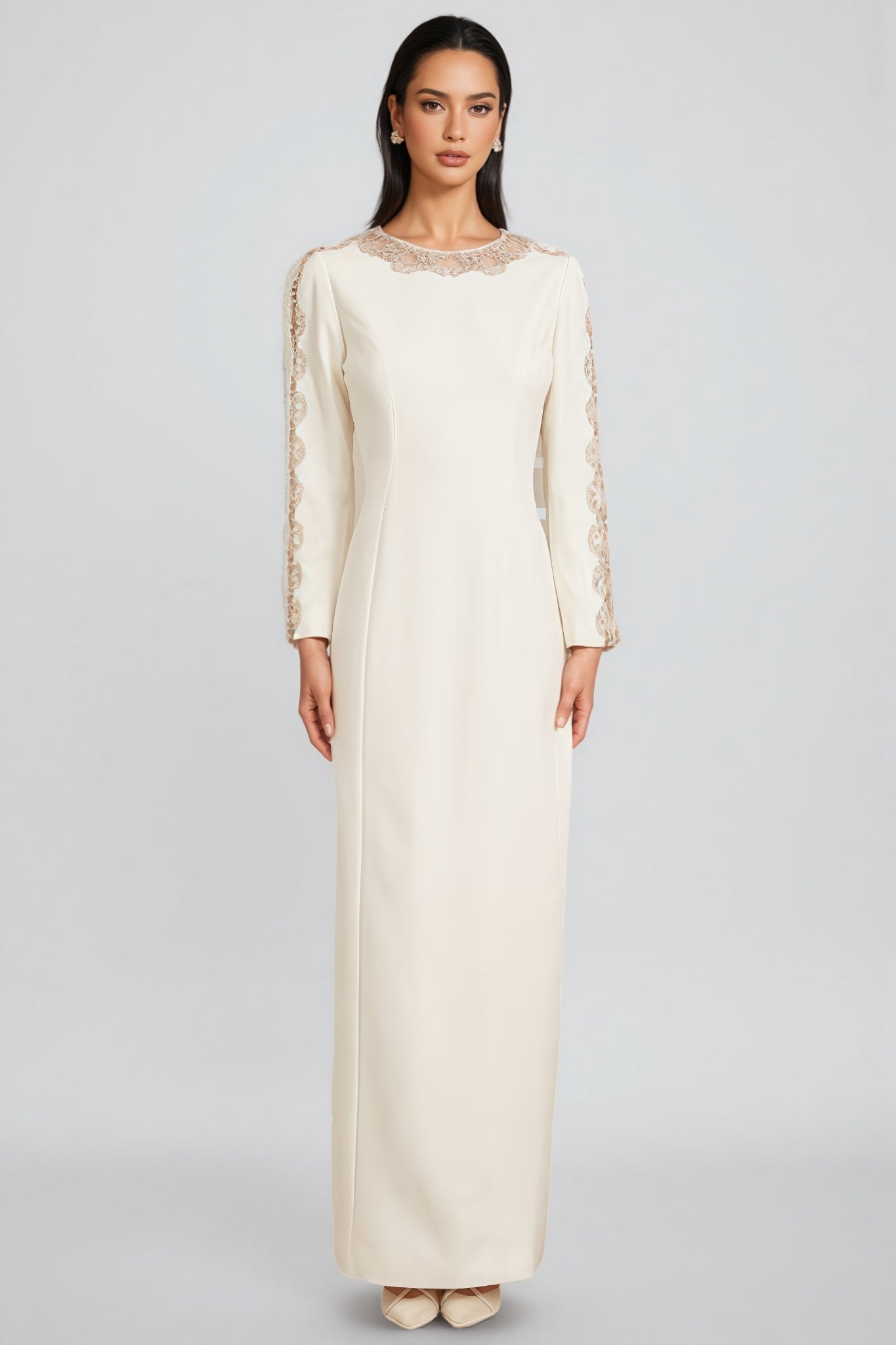 Lace Trim Round Neck Long Sleeve Princess Seam Column Maxi Gown