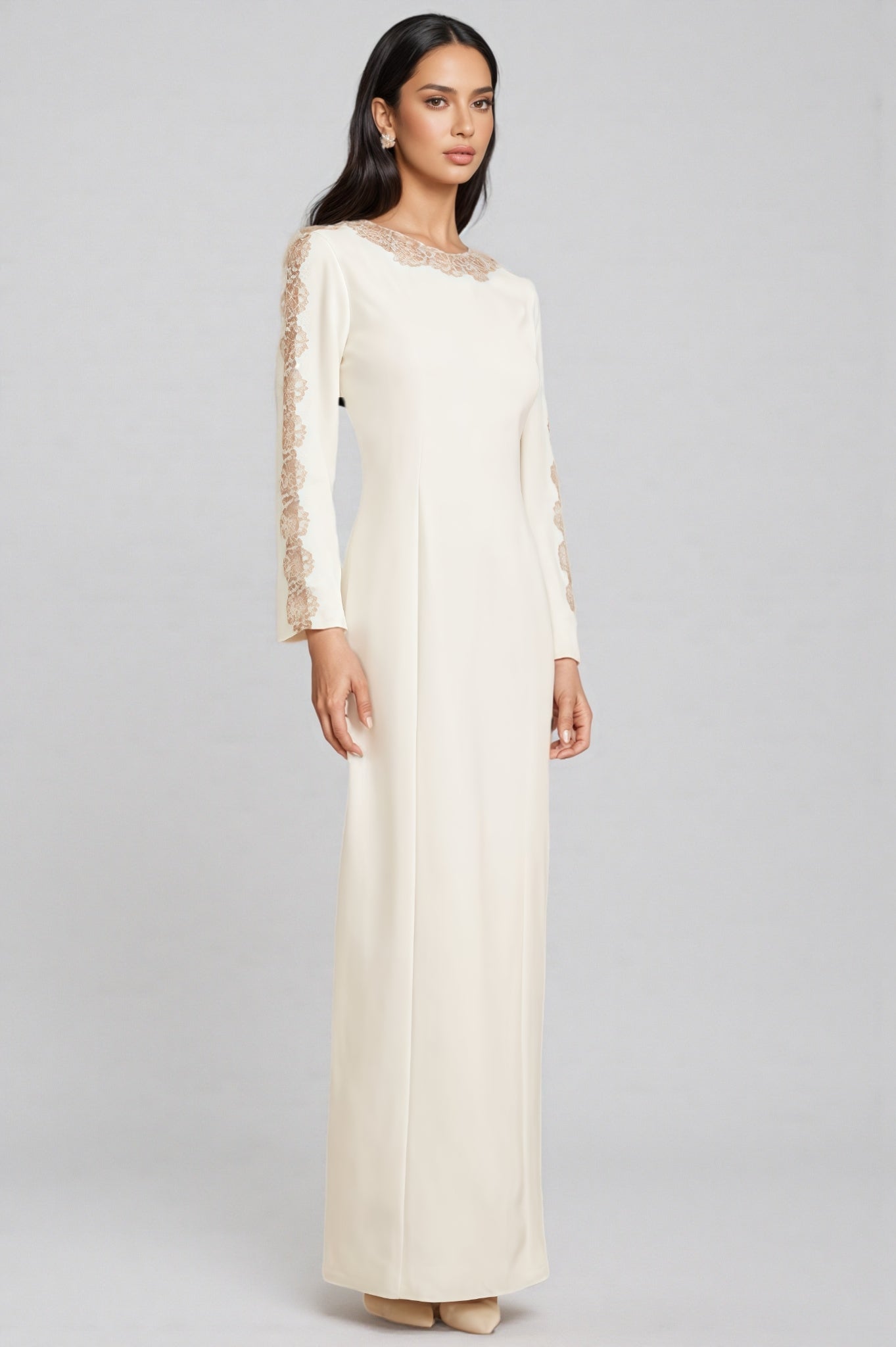 Lace Trim Round Neck Long Sleeve Princess Seam Column Maxi Gown