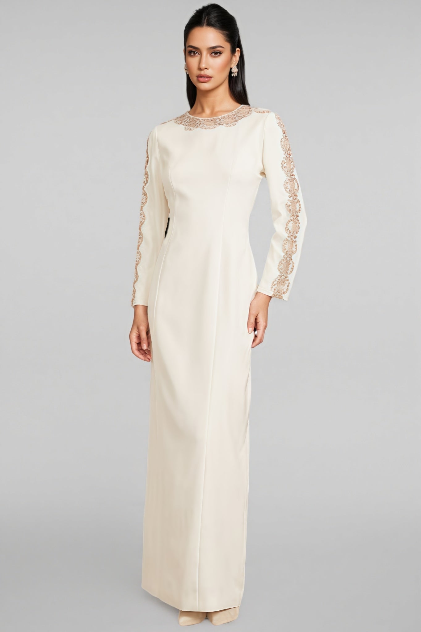 Lace Trim Round Neck Long Sleeve Princess Seam Column Maxi Gown