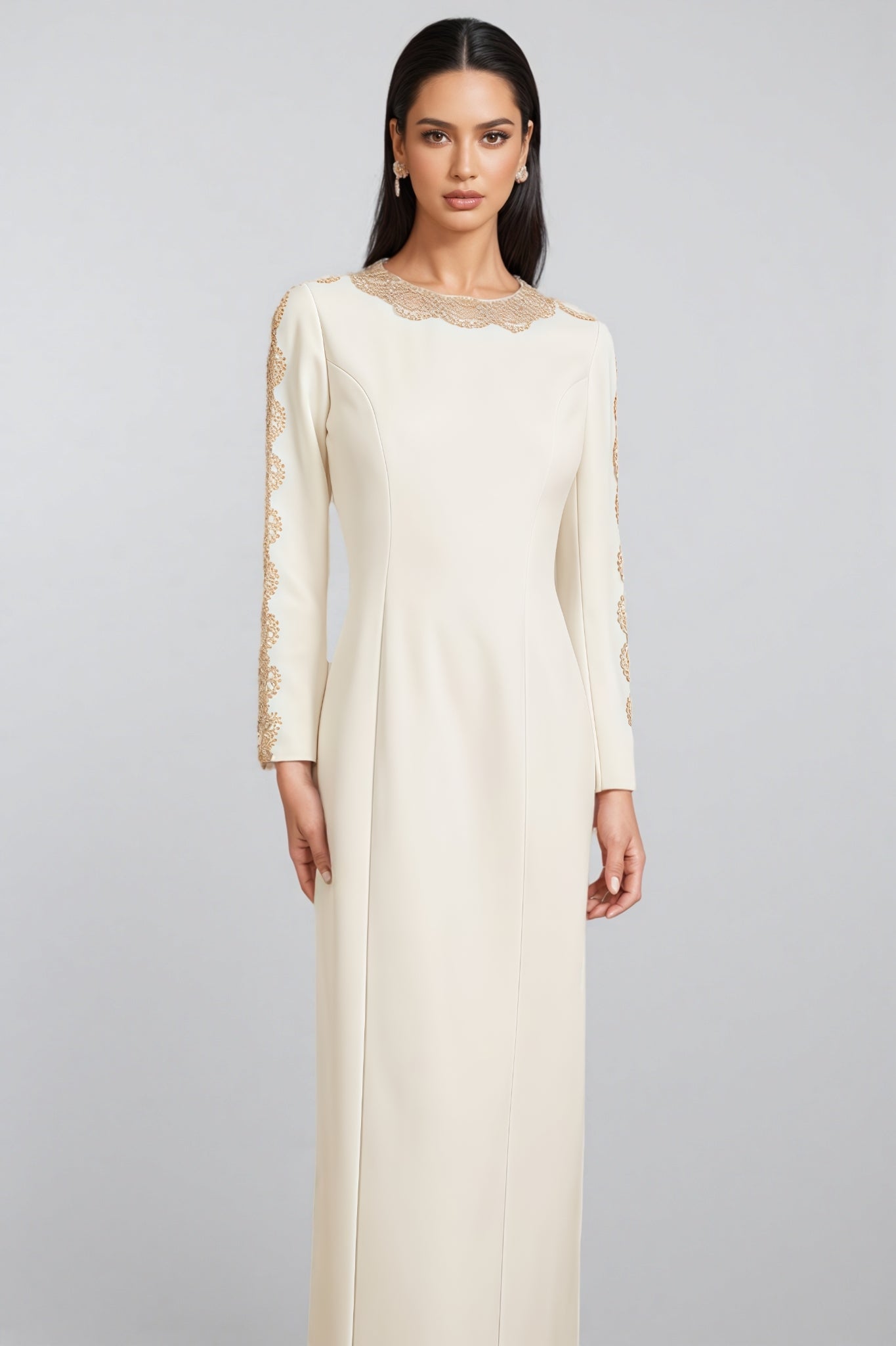 Lace Trim Round Neck Long Sleeve Princess Seam Column Maxi Gown