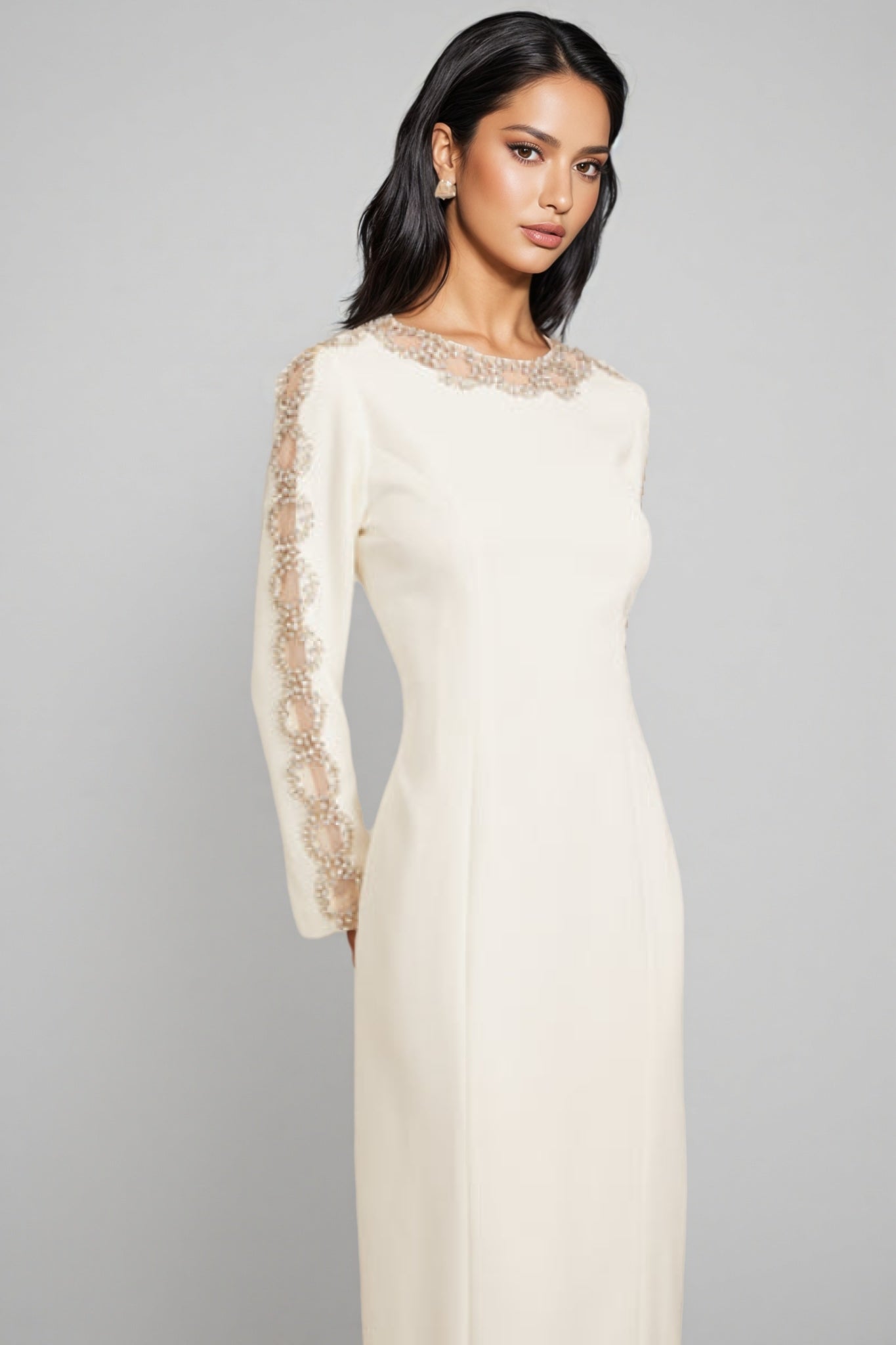Lace Trim Round Neck Long Sleeve Princess Seam Column Maxi Gown