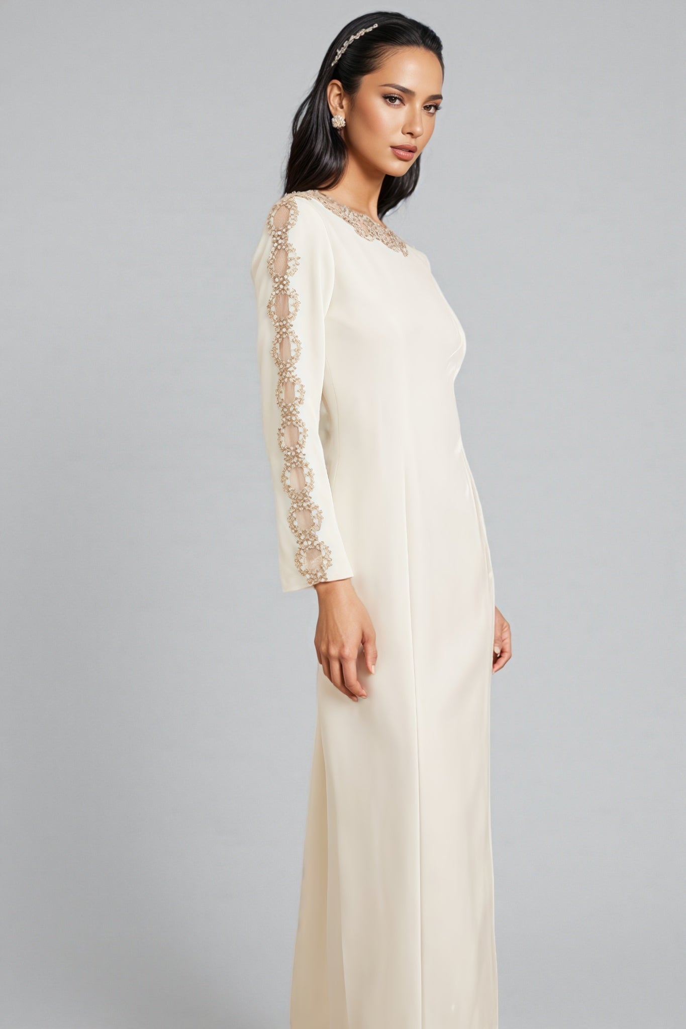 Lace Trim Round Neck Long Sleeve Princess Seam Column Maxi Gown