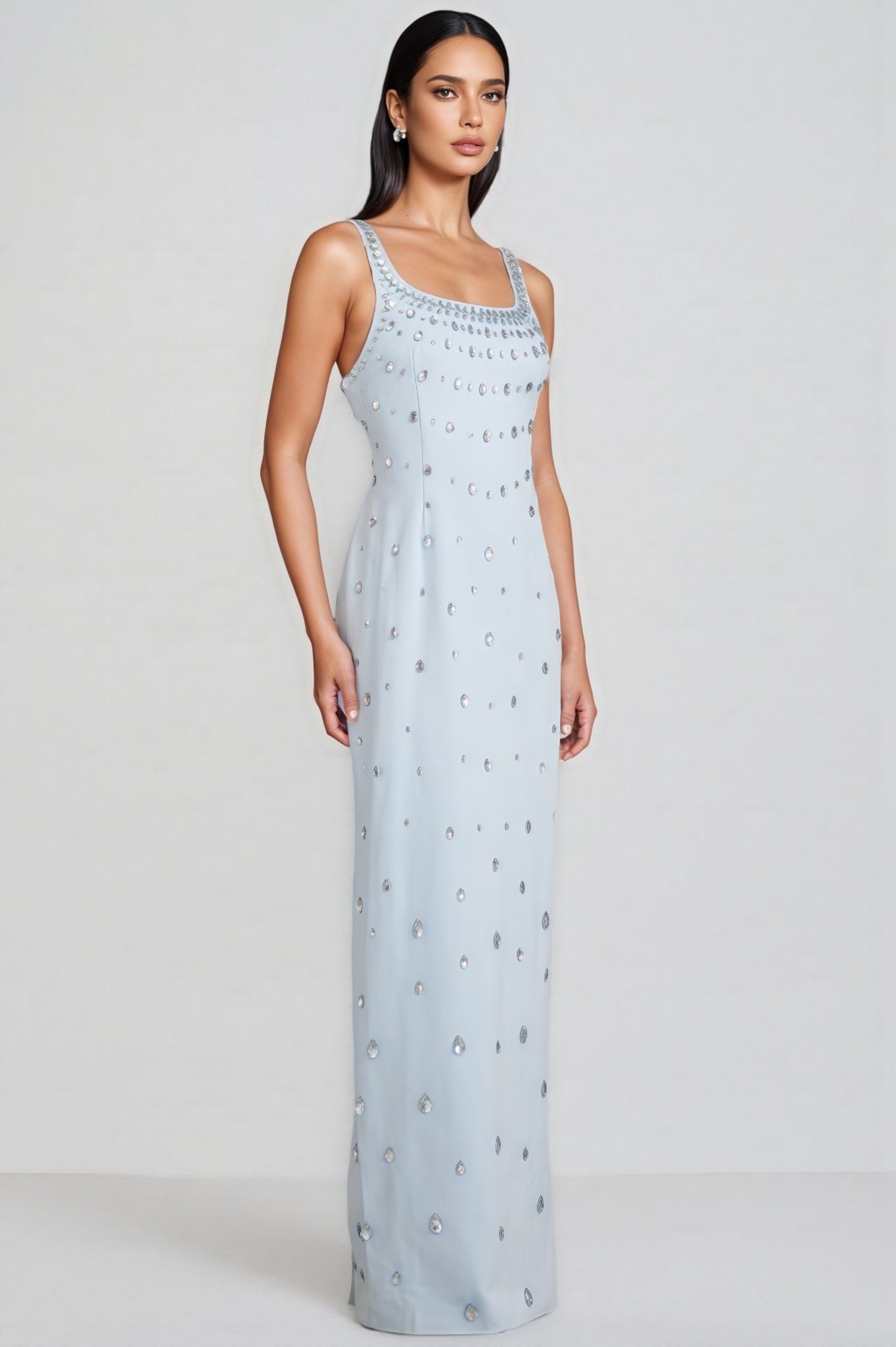 Rhinestone Scoop Neck Sleeveless Teardrop Embellished Column Maxi Gown