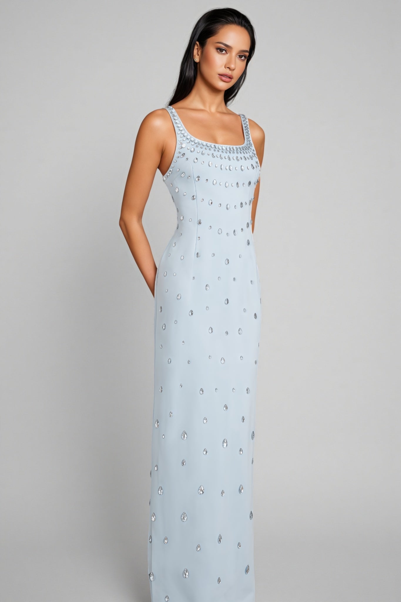 Rhinestone Scoop Neck Sleeveless Teardrop Embellished Column Maxi Gown
