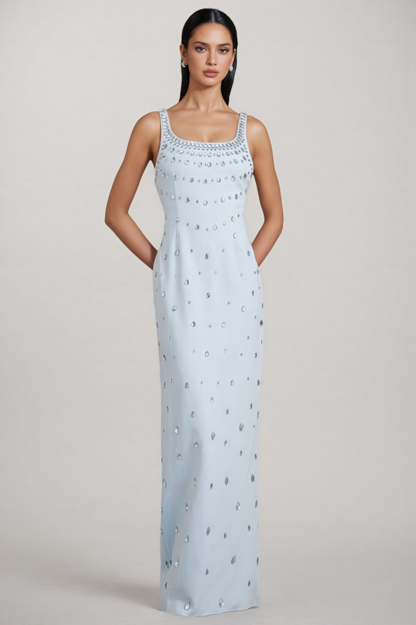 Rhinestone Scoop Neck Sleeveless Teardrop Embellished Column Maxi Gown