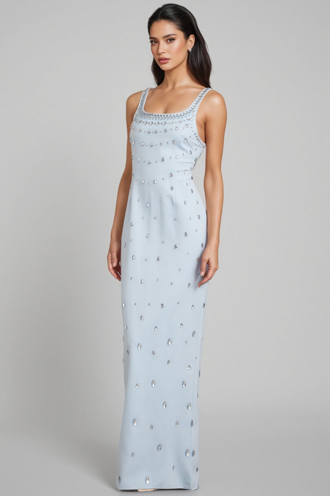 Rhinestone Scoop Neck Sleeveless Teardrop Embellished Column Maxi Gown