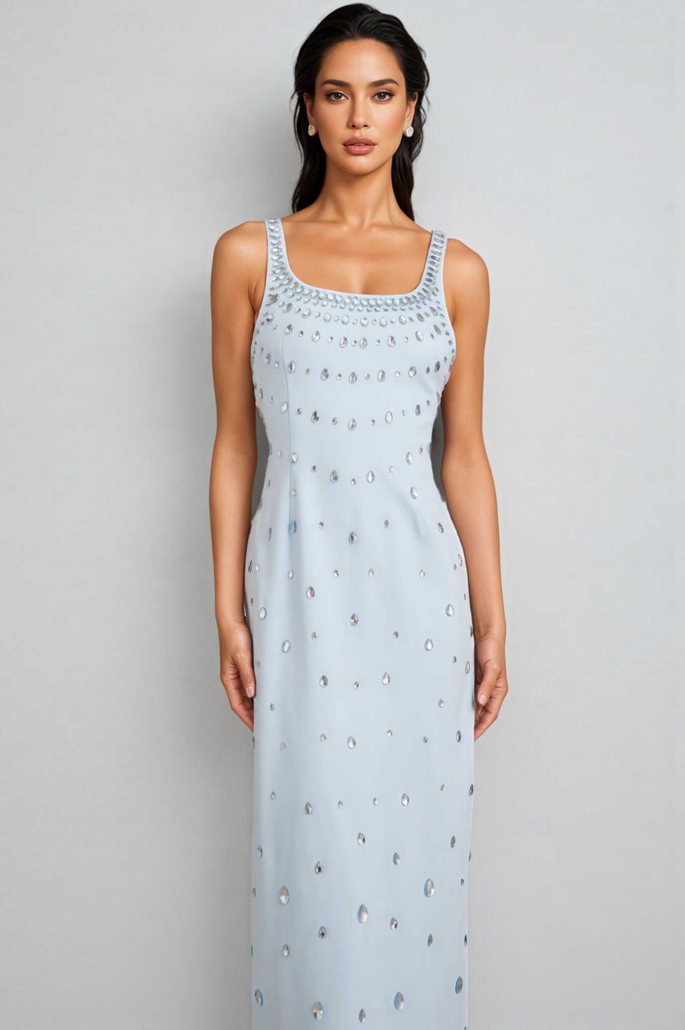 Rhinestone Scoop Neck Sleeveless Teardrop Embellished Column Maxi Gown