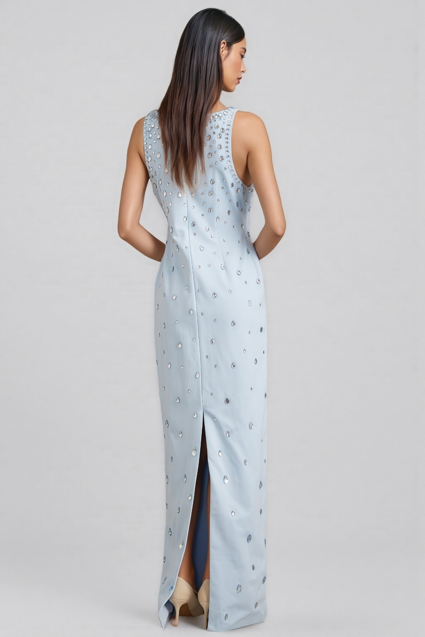 Rhinestone Scoop Neck Sleeveless Teardrop Embellished Column Maxi Gown