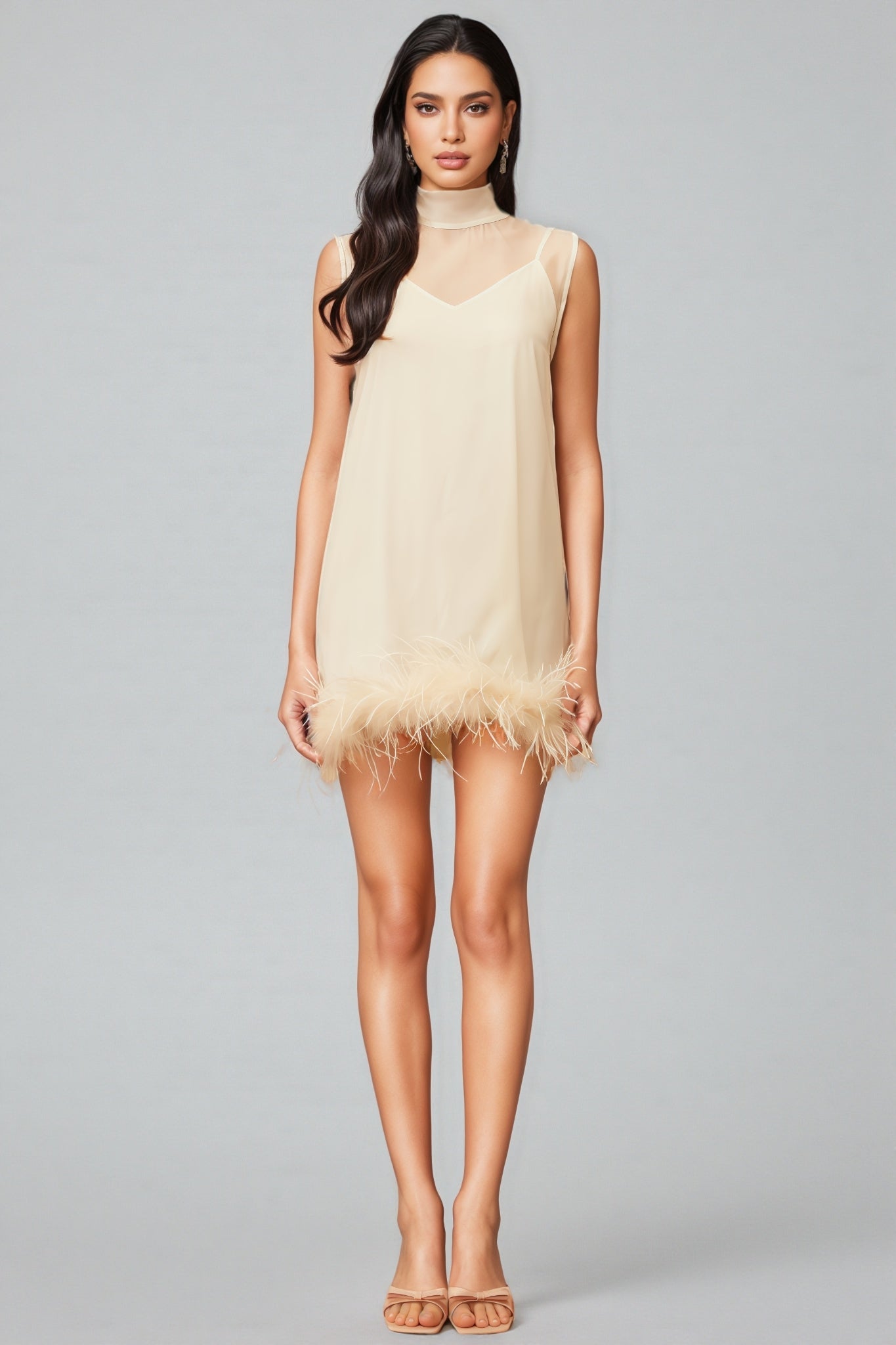 Neoma White Feather Trim Mini Dress - View 2
