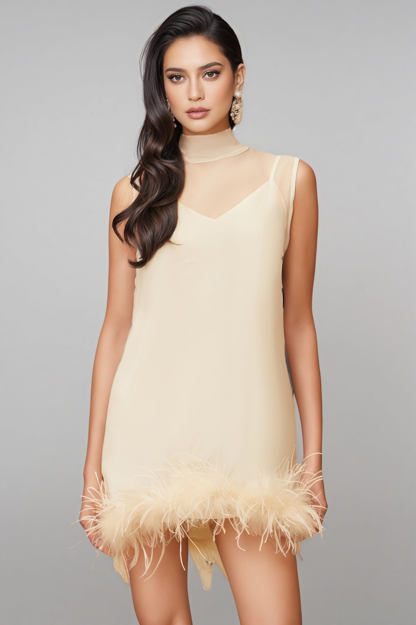 Neoma White Feather Trim Mini Dress - View 4