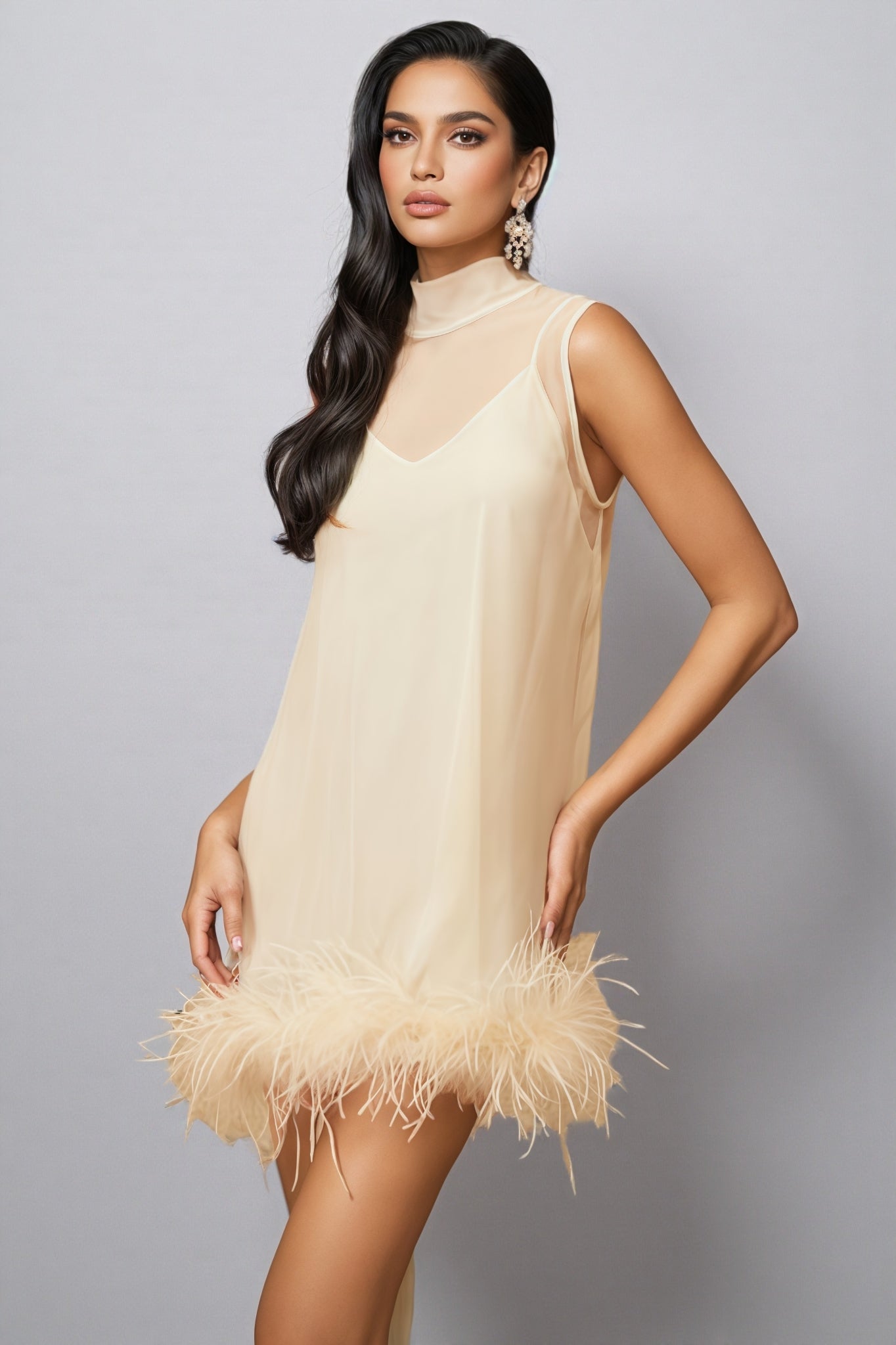 Neoma White Feather Trim Mini Dress - View 6
